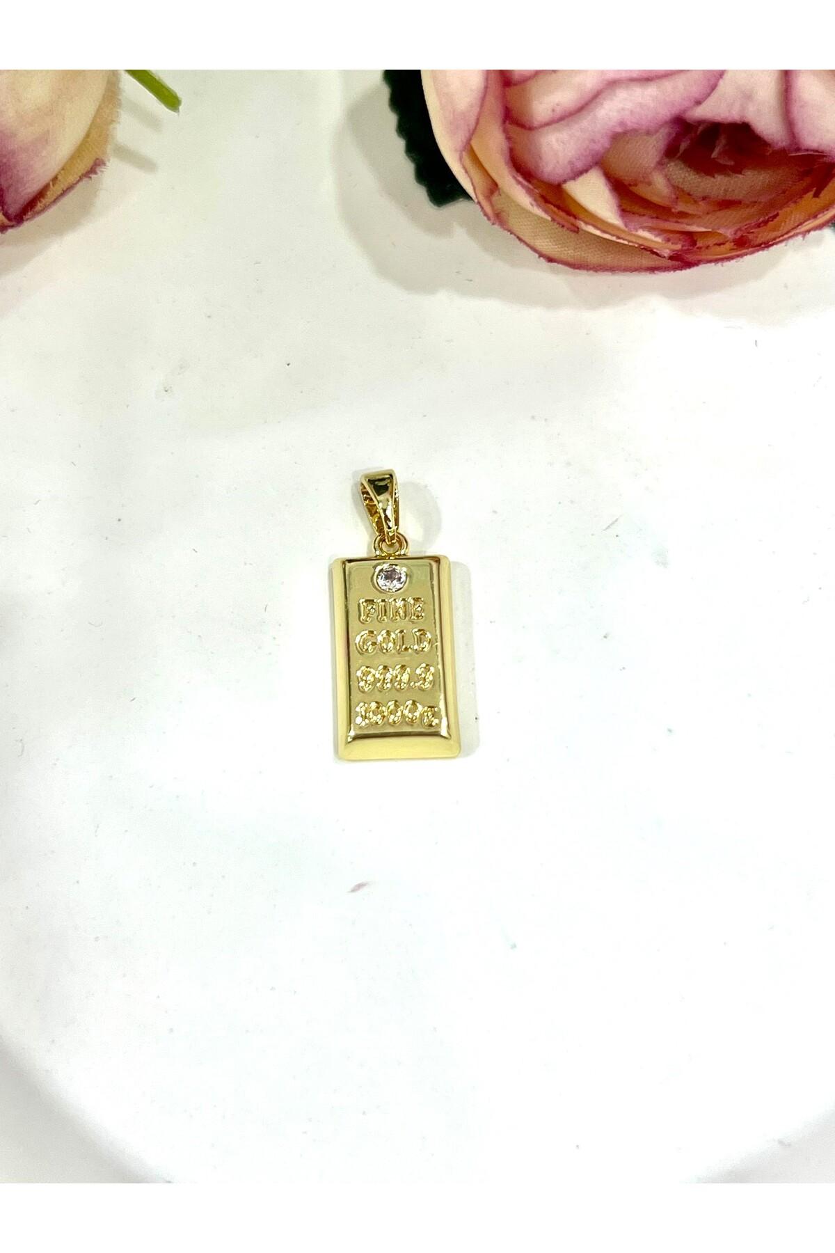 Gold 24 Ayar Görünümlü Külçe Altın Tasarım Kolye Ucu (14k Gold) - Görsel 2