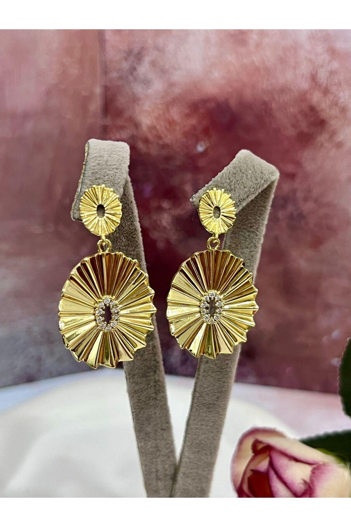 Vintage Güneş Tasarım Işıltılı Küpe (14k Gold) - Görsel 3