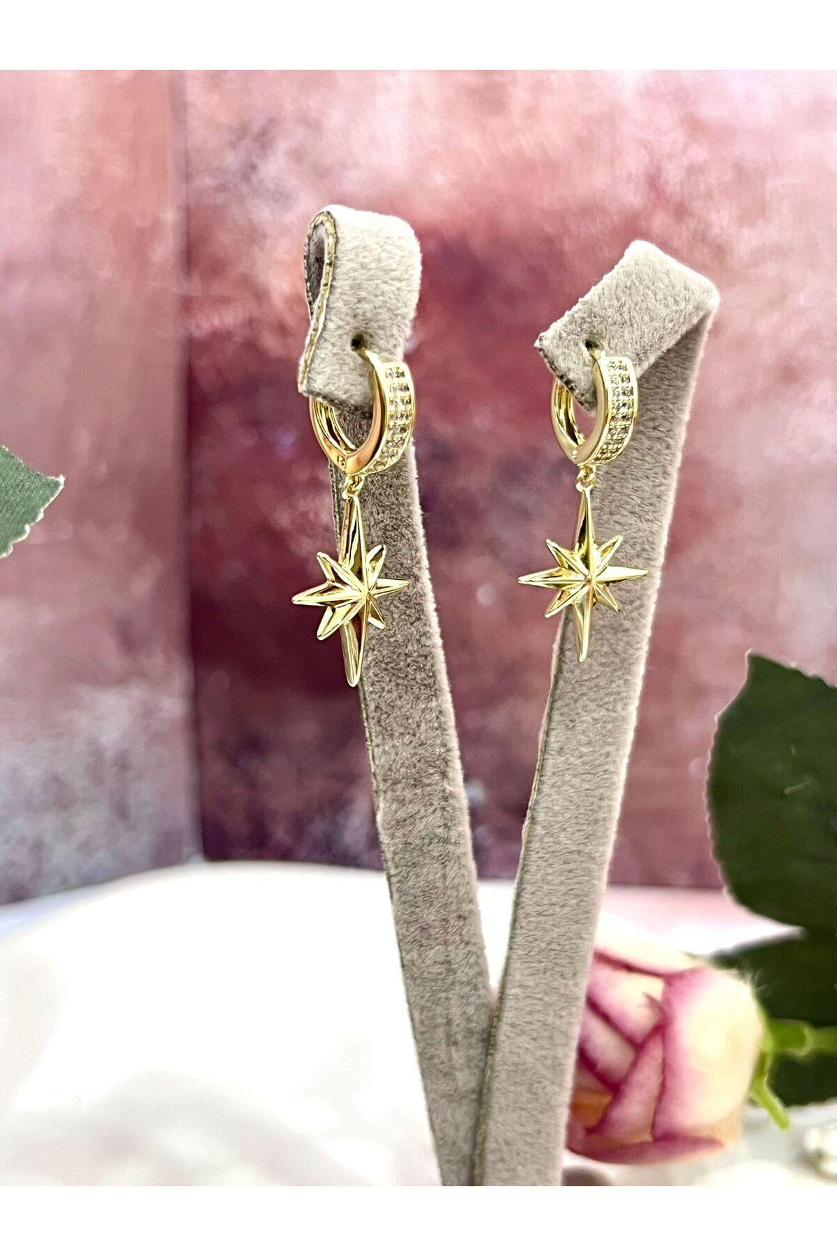 Kutup Yıldızı Sallantılı Taşlı Halka Küpe (14k Gold) - Görsel 2