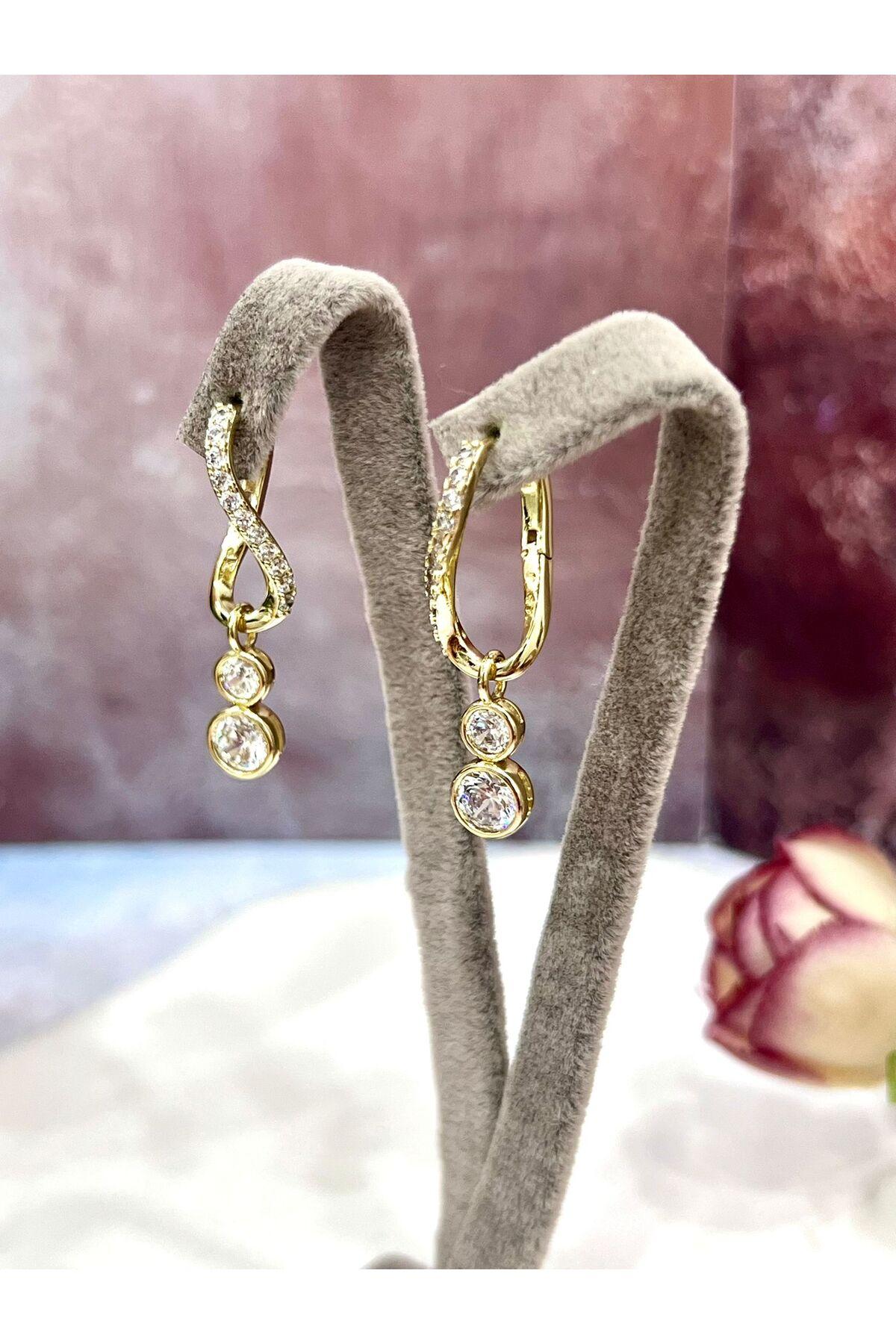 Çift Tektaşlı Sallantılı Küpe - Zirkon Taşlı VVIP Seri (14k Gold)