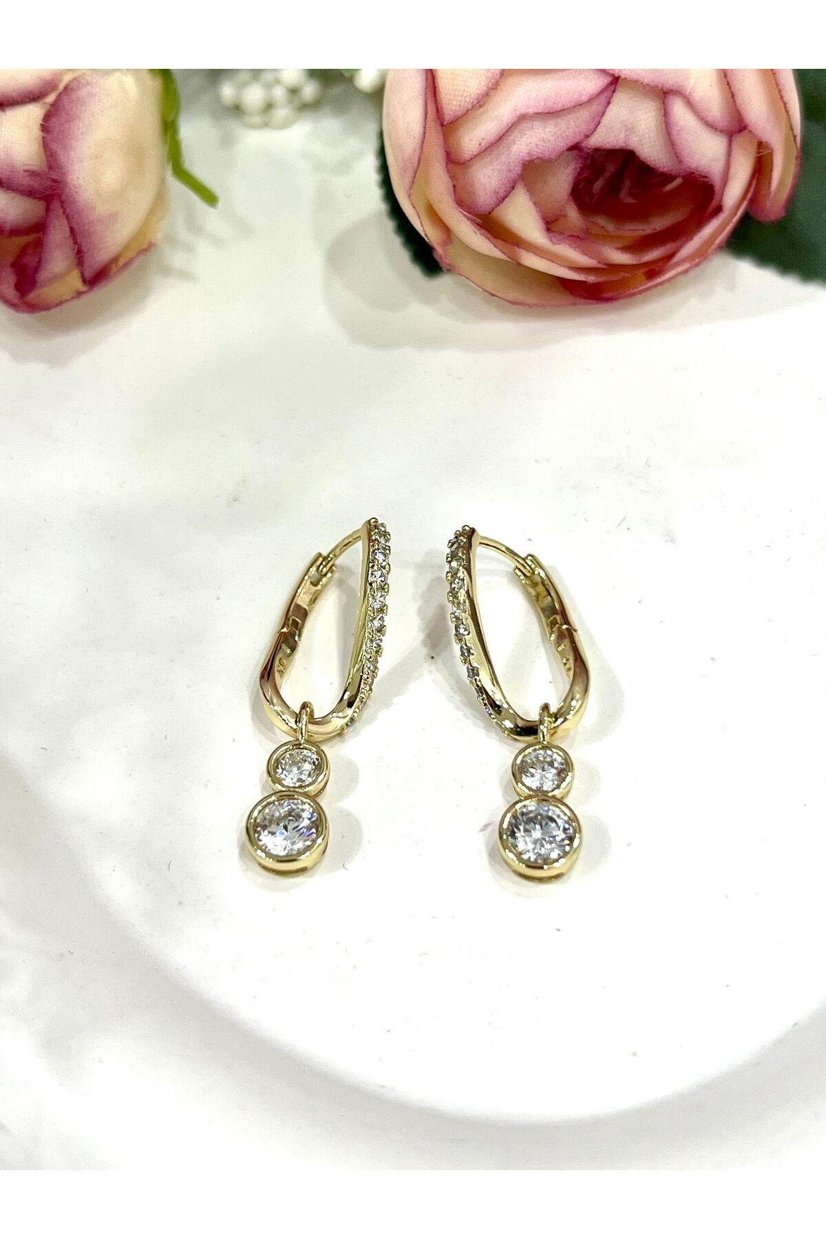 Çift Tektaşlı Sallantılı Küpe - Zirkon Taşlı VVIP Seri (14k Gold) - Görsel 6