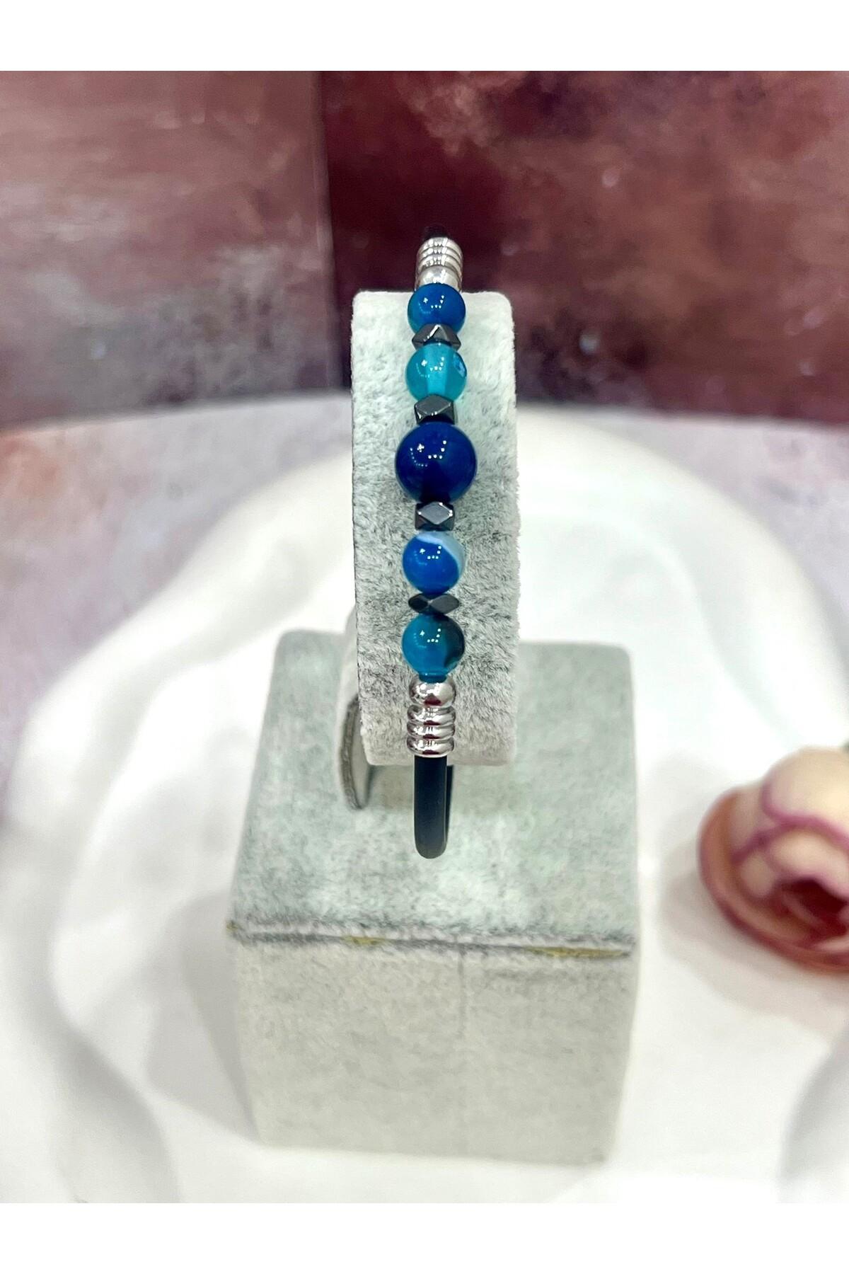 Şifalı Doğal Taşlı Erkek Bileklik - Mavi Akik ve Hematit Taşlı Kauçuk Tasarım Takı - Görsel 3