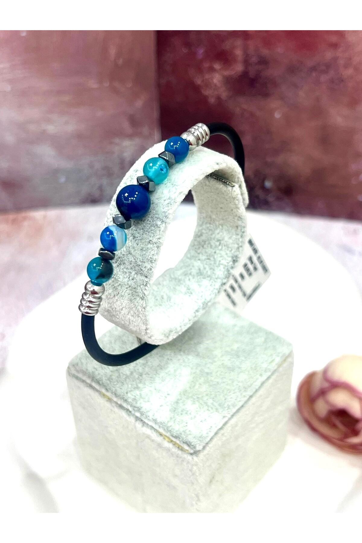 Şifalı Doğal Taşlı Erkek Bileklik - Mavi Akik ve Hematit Taşlı Kauçuk Tasarım Takı