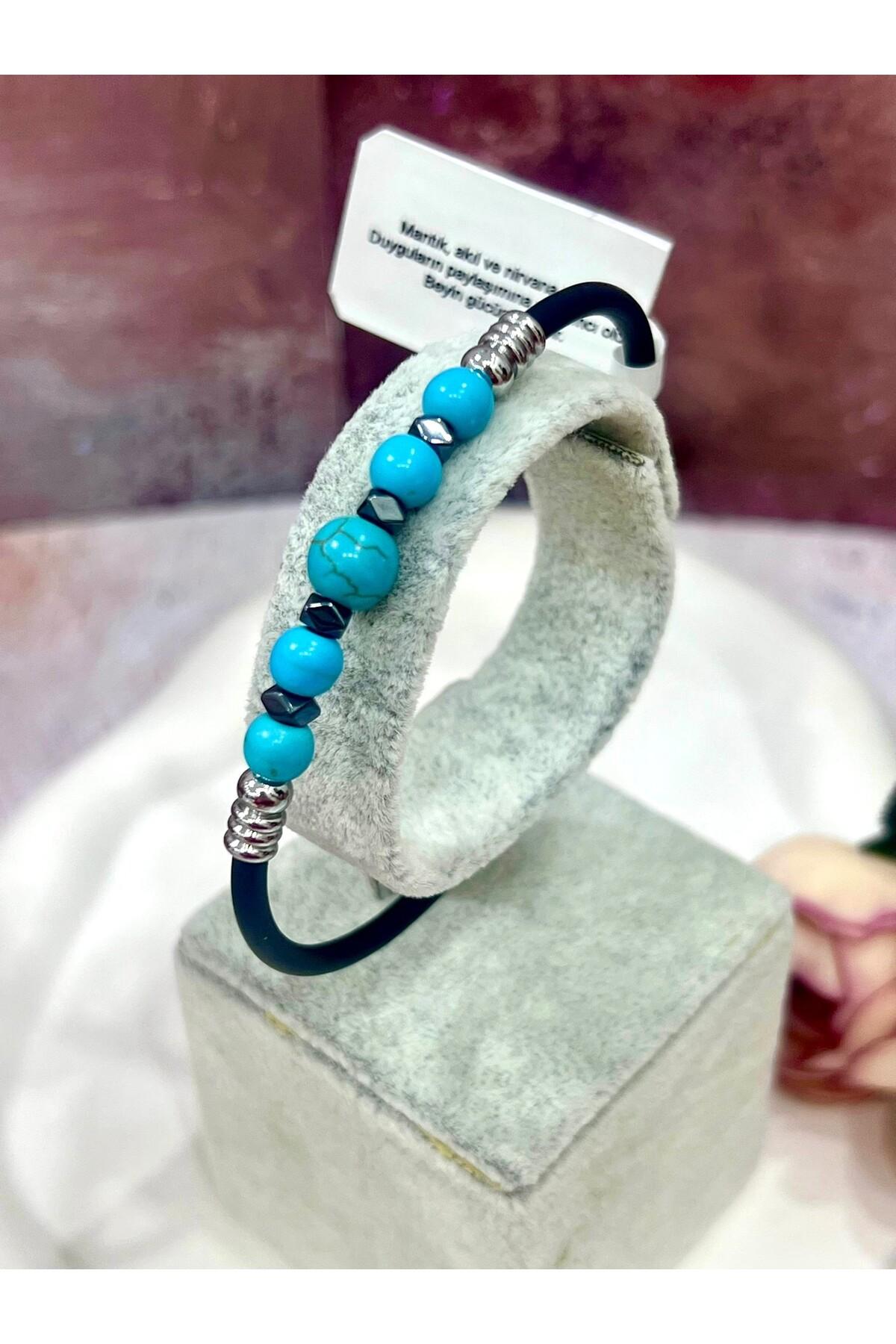 Şifalı Doğal Taşlı Erkek Bileklik - Siyah Kauçuklu Turkuaz Doğal Taşlı Erkek Bileklik Mdl 2