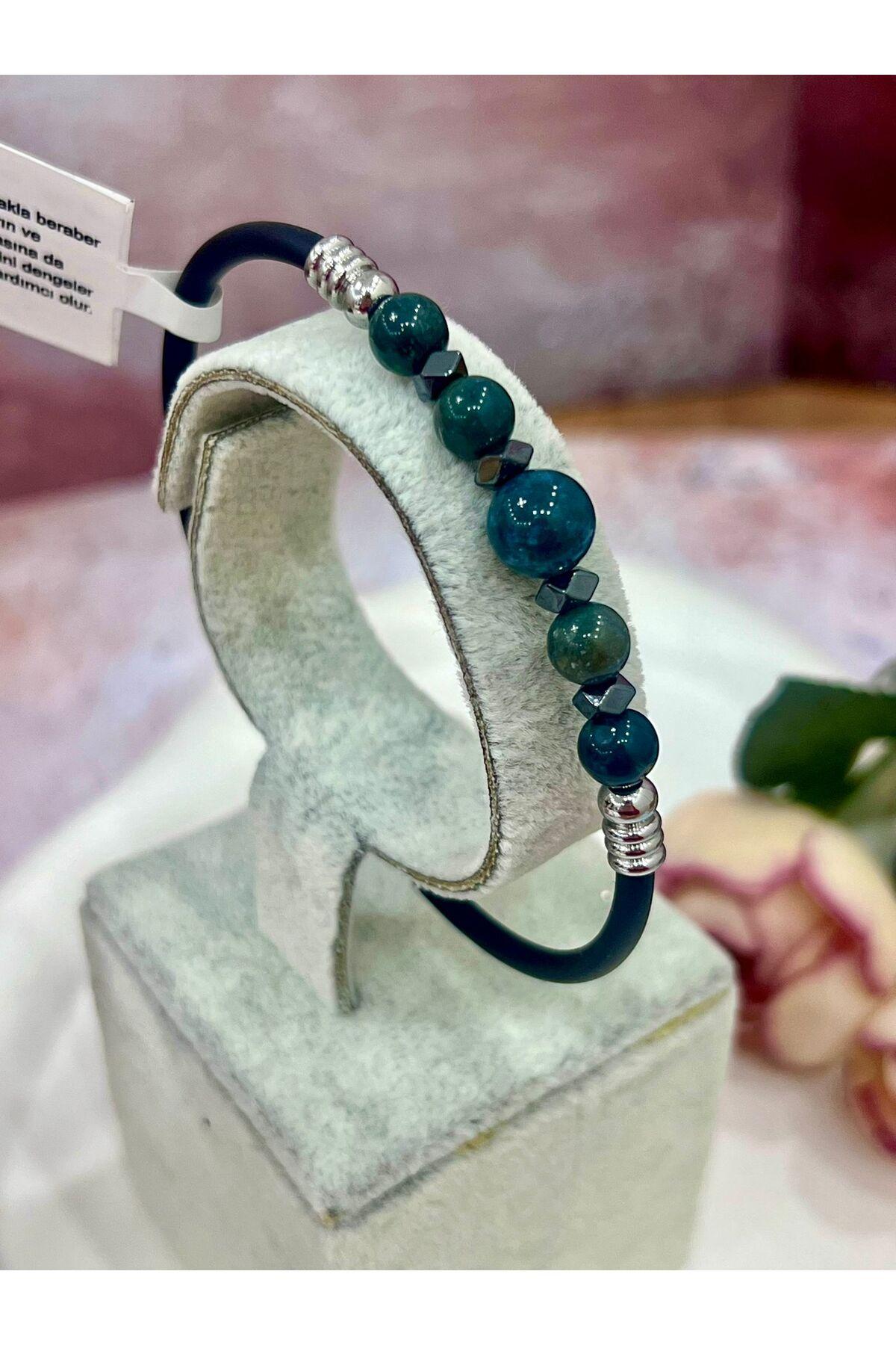 Koyu Yeşil Doğal Taşlı Erkek Bileklik Siyah Kauçuk Kordonlu Çelik Detaylı Kelepçe Bileklik