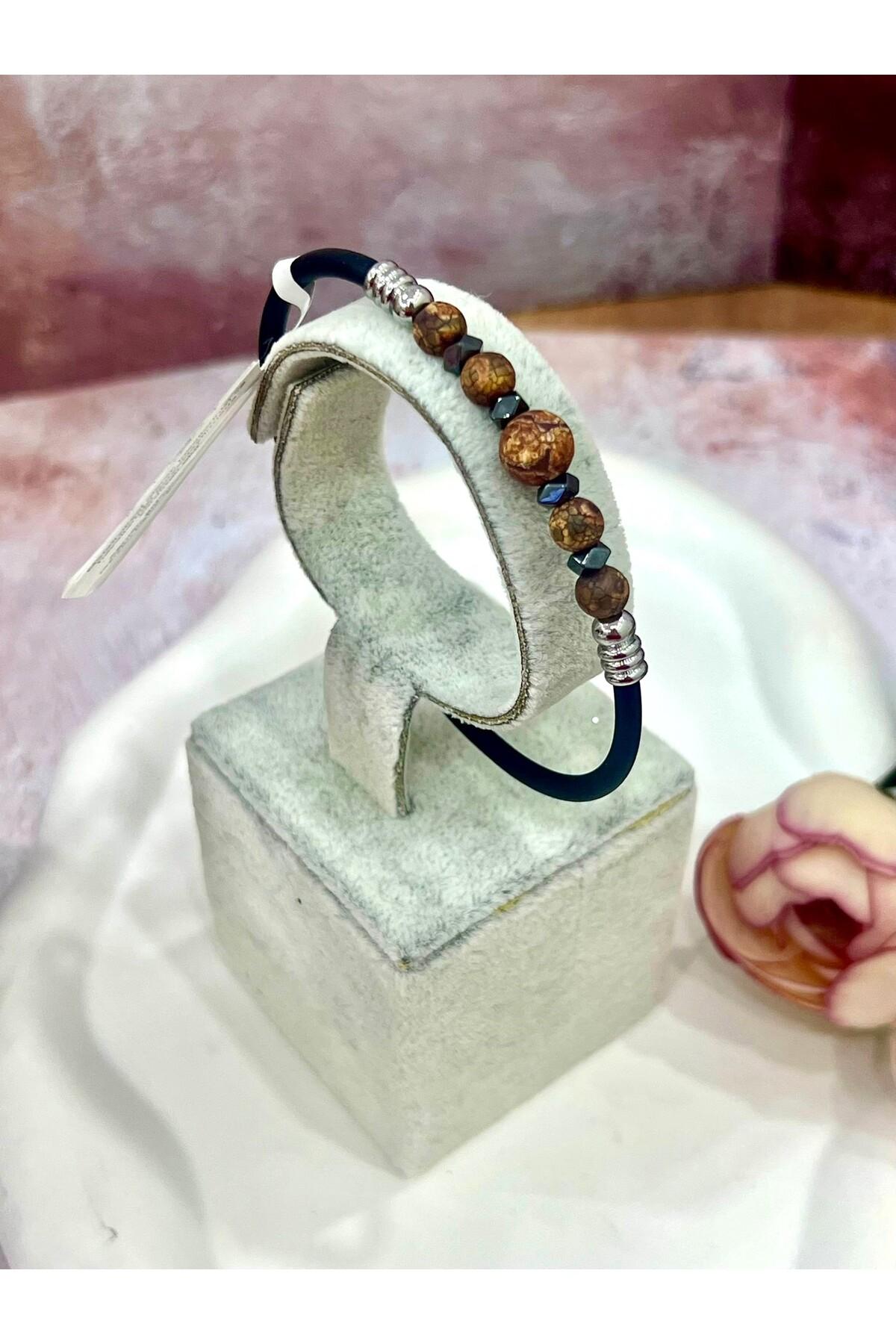 Kahverengi Çatlak Desenli Doğal Taşlı Erkek Bileklik - Siyah Kauçuklu Özel Tasarım Takı - Görsel 3