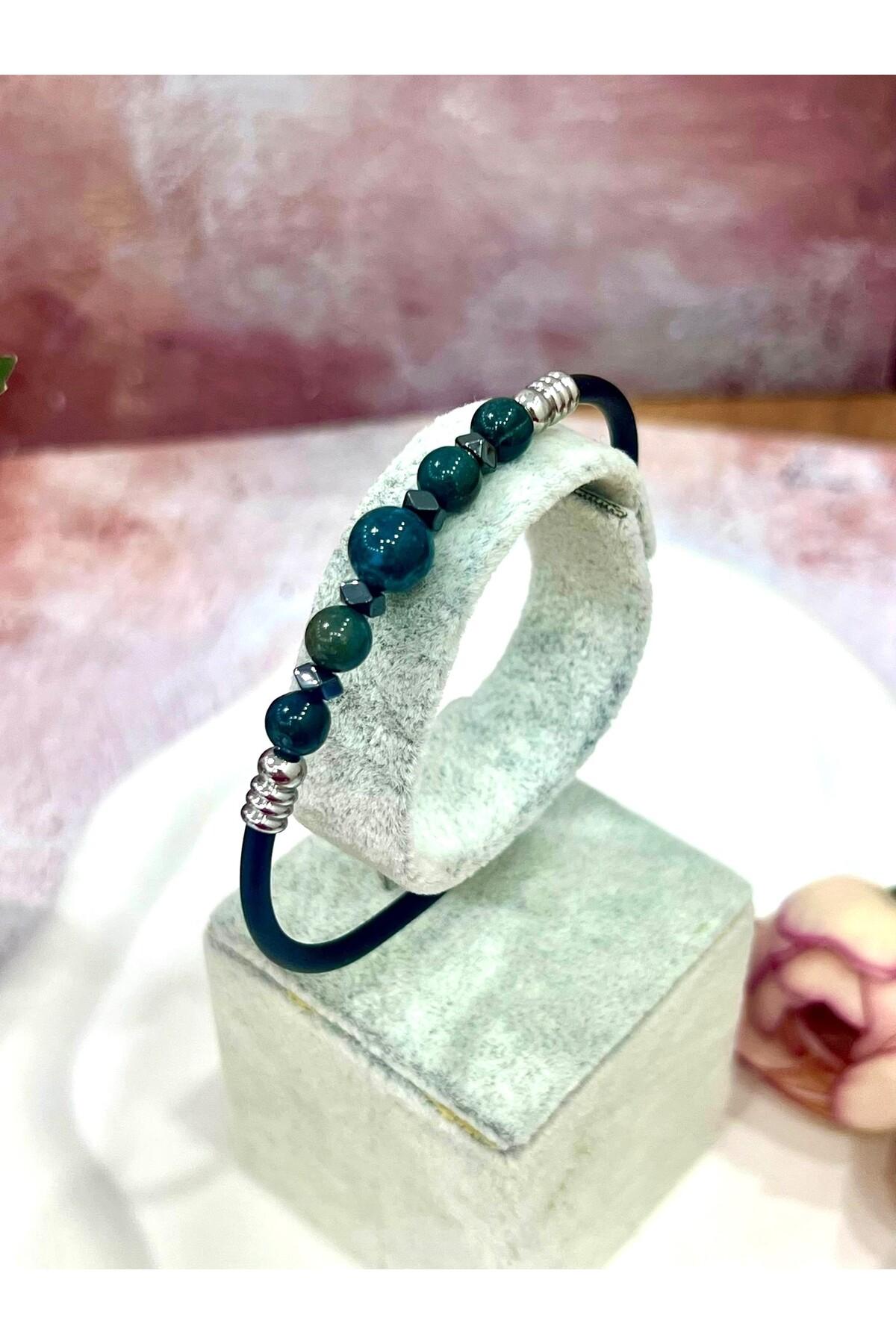 Koyu Yeşil Doğal Taşlı Erkek Bileklik Siyah Kauçuk Kordonlu Çelik Detaylı Kelepçe Bileklik - Görsel 2