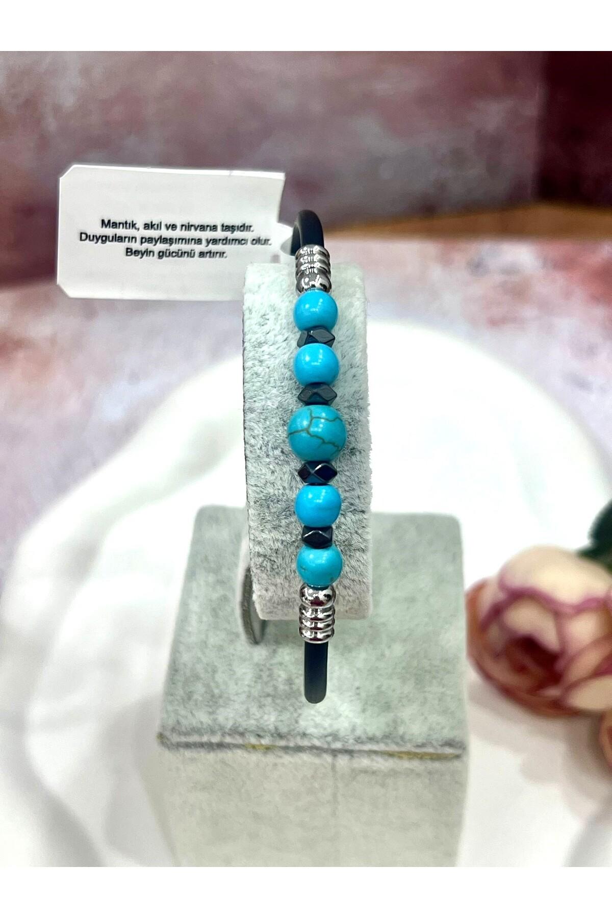 Şifalı Doğal Taşlı Erkek Bileklik - Siyah Kauçuklu Turkuaz Doğal Taşlı Erkek Bileklik Mdl 2 - Görsel 2