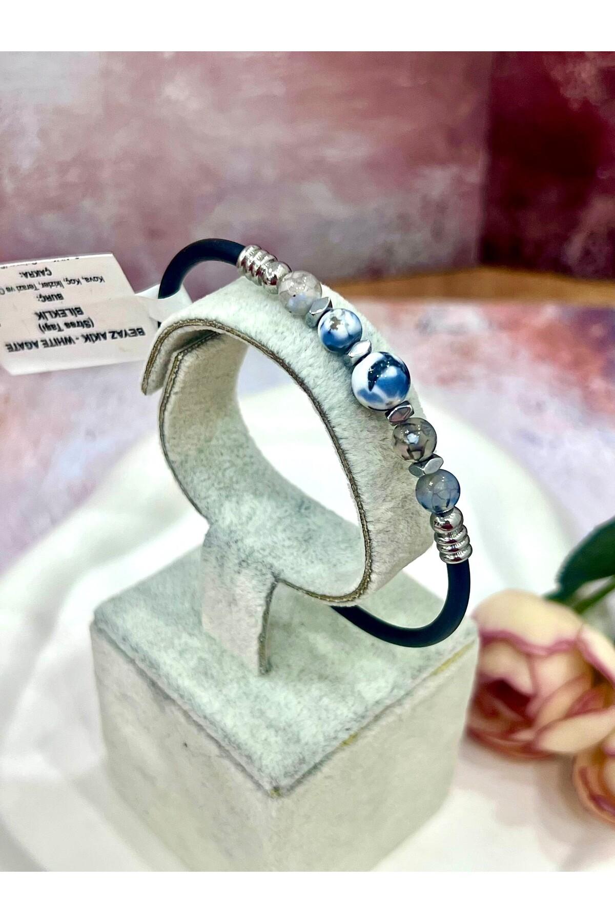 Özel Tasarım Damarlı Akik Doğal Taşlı Erkek Bileklik - Siyah Kauçuklu Modern Kelepçe Takı - Görsel 3