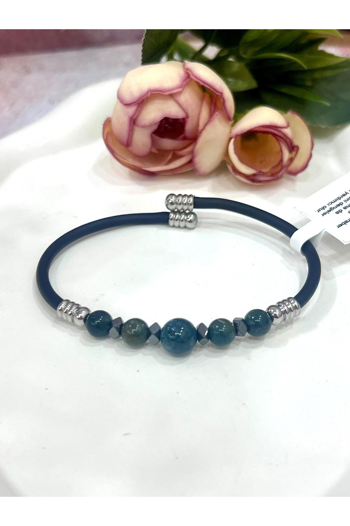 Koyu Yeşil Doğal Taşlı Erkek Bileklik Siyah Kauçuk Kordonlu Çelik Detaylı Kelepçe Bileklik - Görsel 4