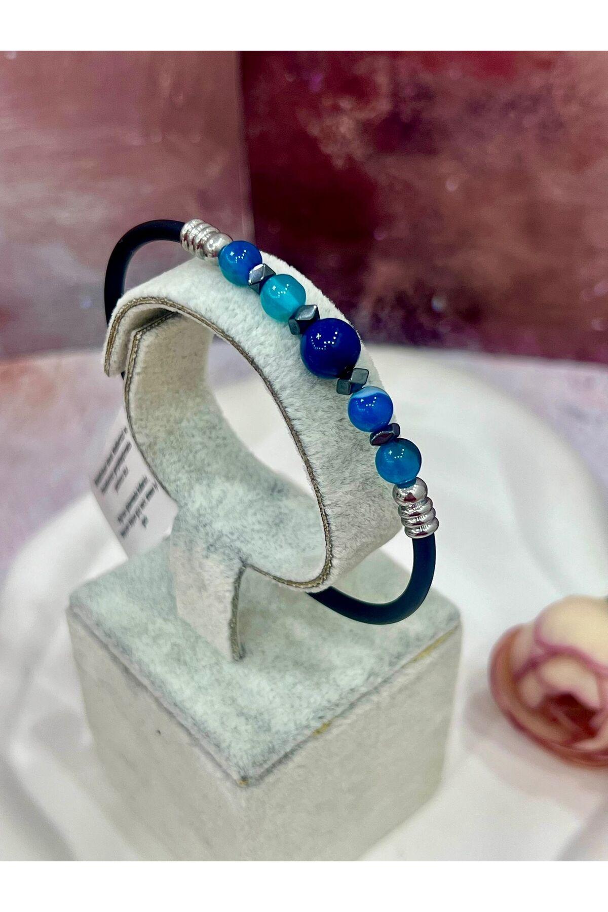 Şifalı Doğal Taşlı Erkek Bileklik - Mavi Akik ve Hematit Taşlı Kauçuk Tasarım Takı - Görsel 5