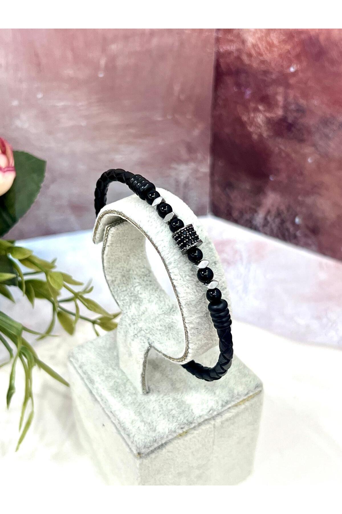 Premium Deri Erkek Bileklik | Siyah Oniks Taşlı Silindir Figür - Görsel 4