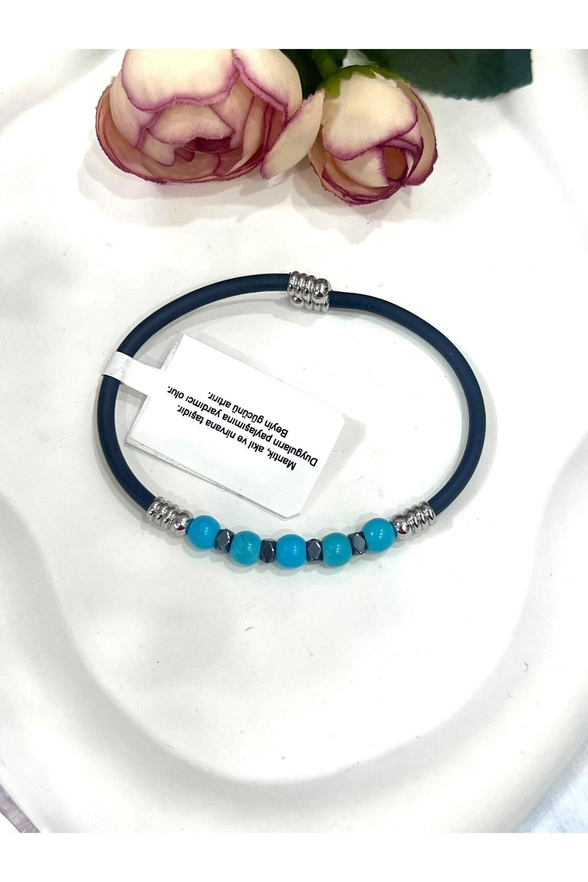 Şifalı Doğal Taşlı Erkek Bileklik - Turkuaz Taşlı Lacivert Kauçuk Erkek Bileklik - Görsel 4