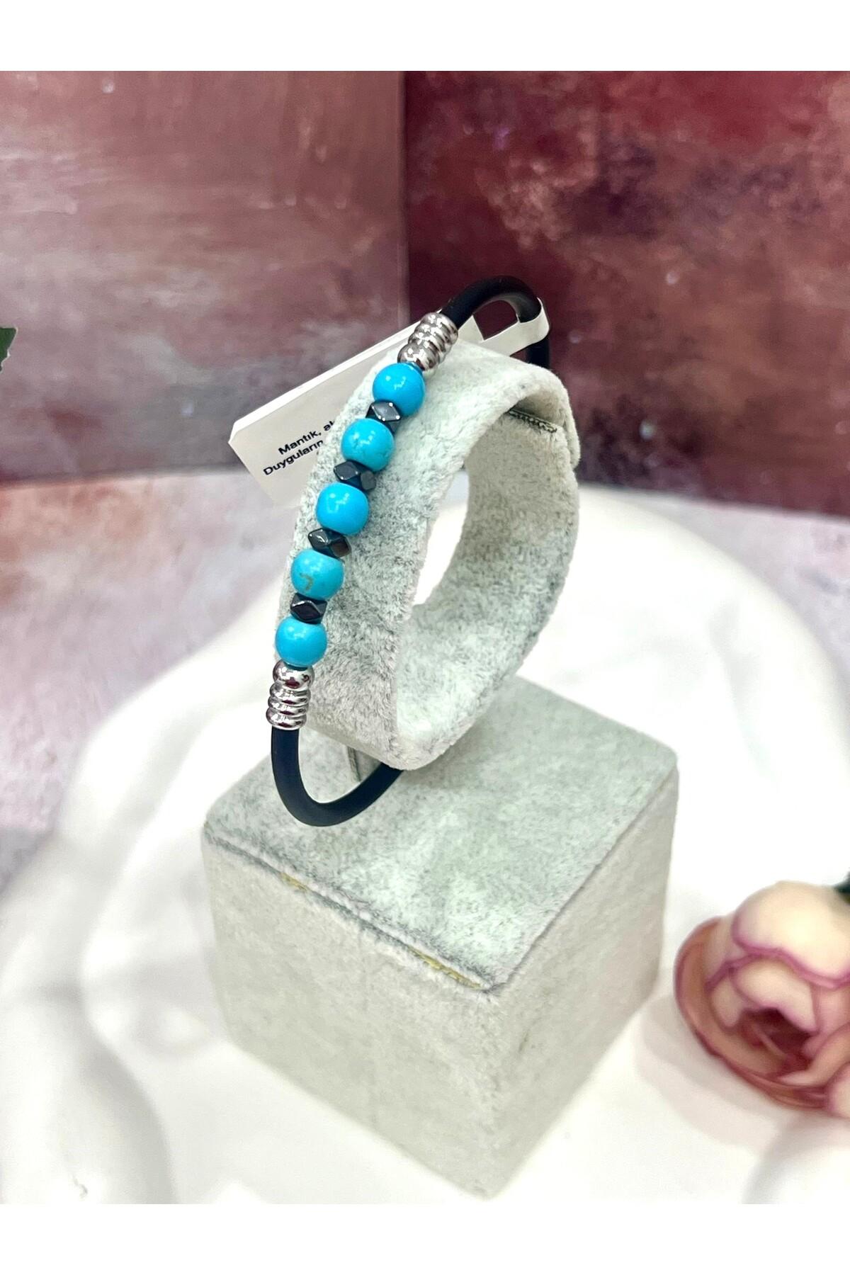 Şifalı Doğal Taşlı Erkek Bileklik - Turkuaz Taşlı Lacivert Kauçuk Erkek Bileklik