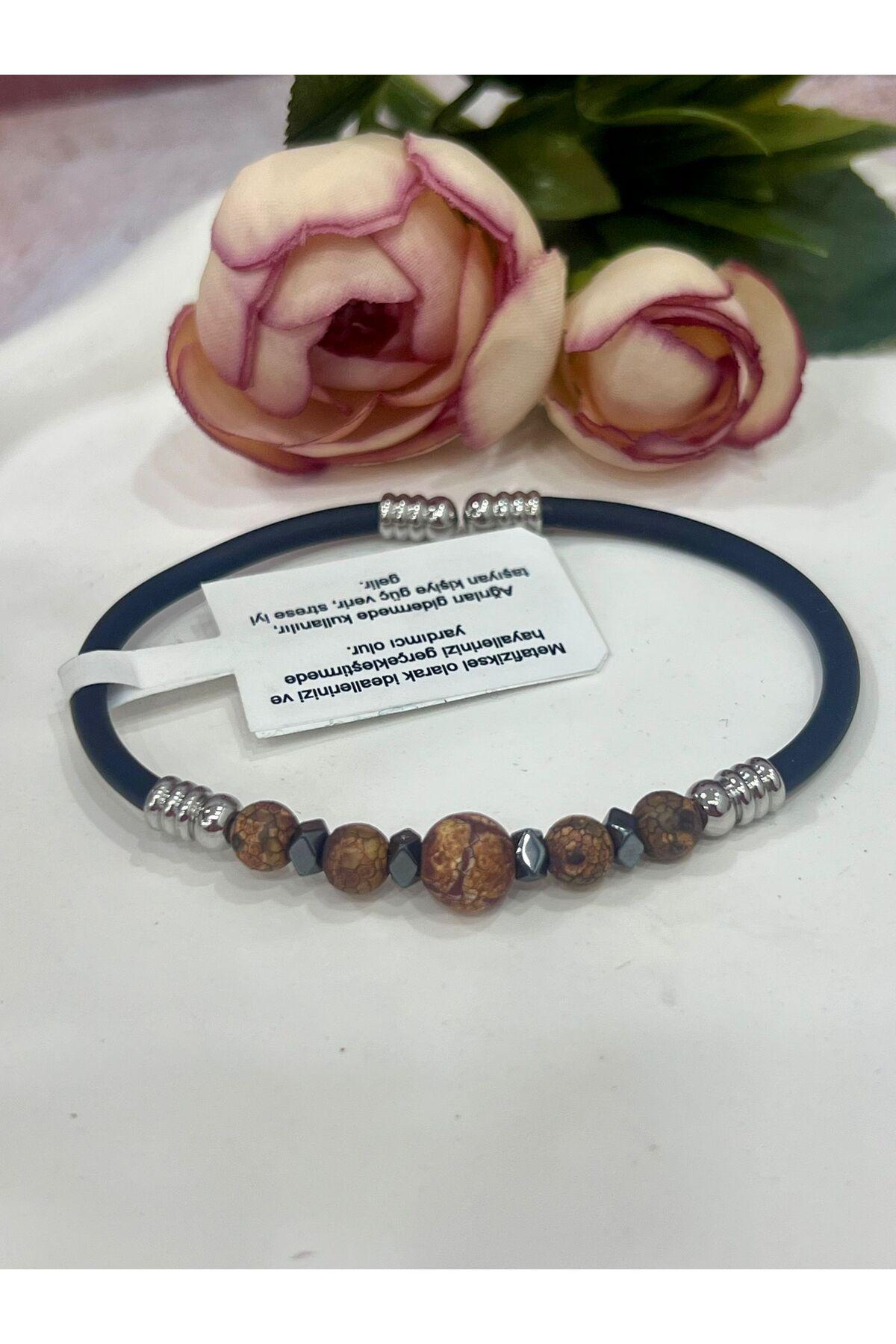 Kahverengi Çatlak Desenli Doğal Taşlı Erkek Bileklik - Siyah Kauçuklu Özel Tasarım Takı - Görsel 5