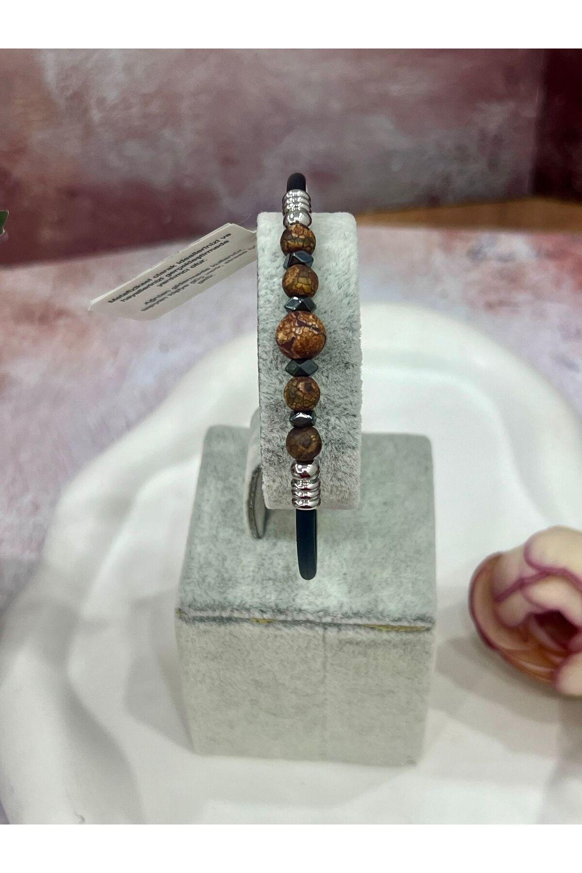 Kahverengi Çatlak Desenli Doğal Taşlı Erkek Bileklik - Siyah Kauçuklu Özel Tasarım Takı - Görsel 4