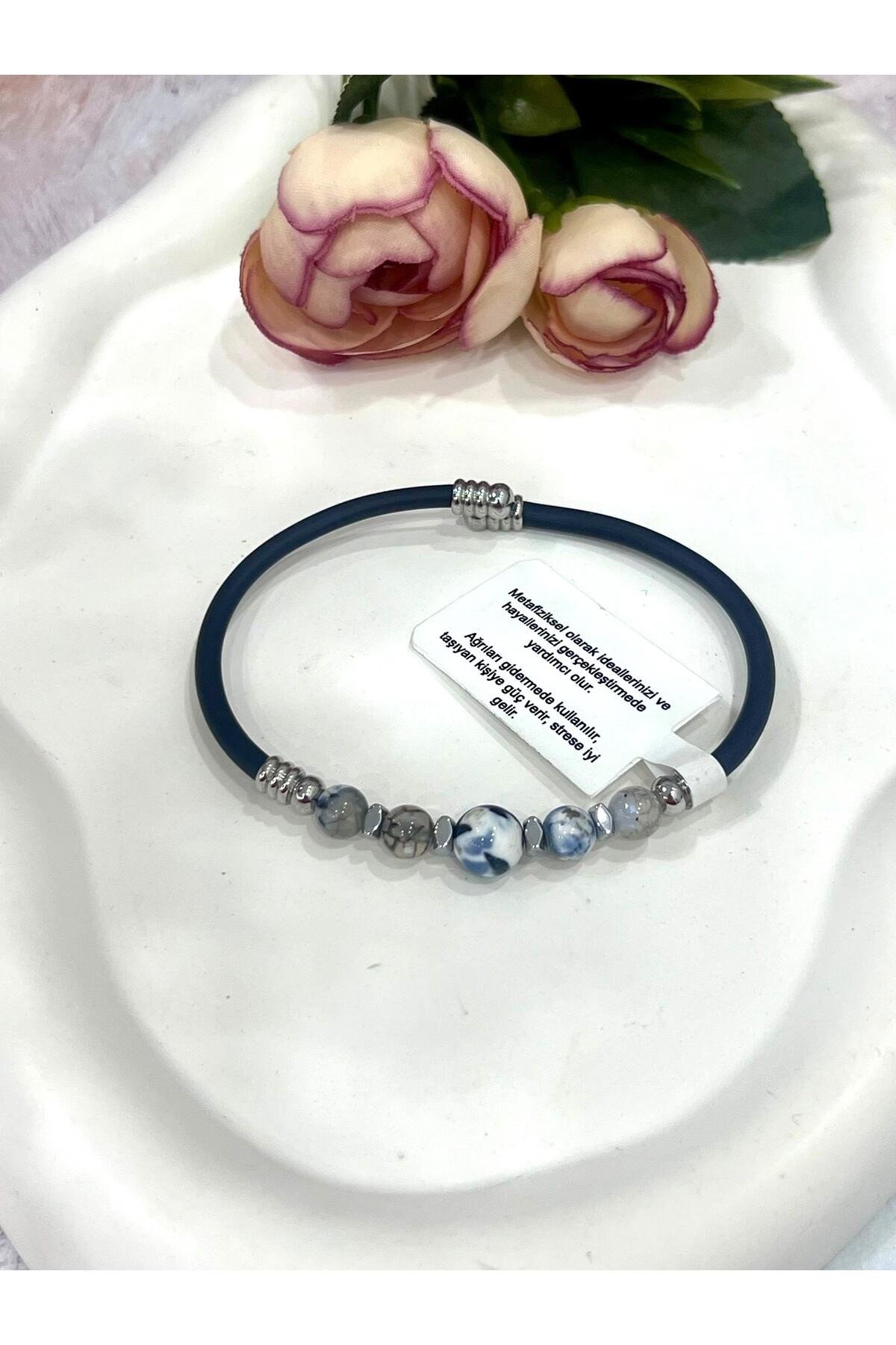 Özel Tasarım Damarlı Akik Doğal Taşlı Erkek Bileklik - Siyah Kauçuklu Modern Kelepçe Takı - Görsel 4