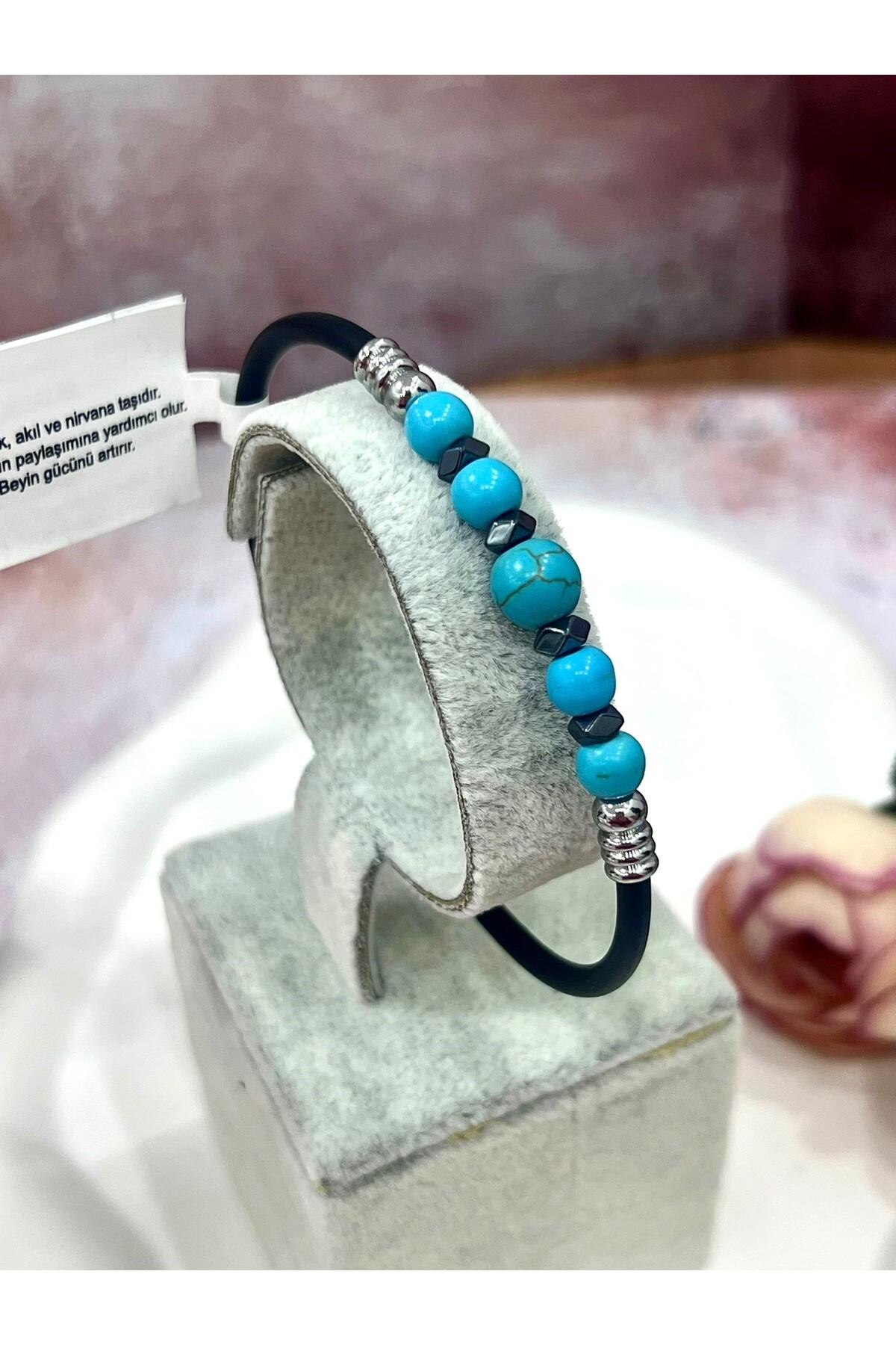 Şifalı Doğal Taşlı Erkek Bileklik - Siyah Kauçuklu Turkuaz Doğal Taşlı Erkek Bileklik Mdl 2 - Görsel 3