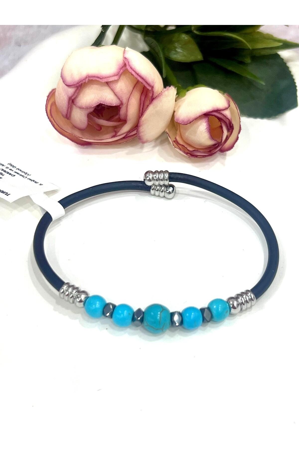 Şifalı Doğal Taşlı Erkek Bileklik - Siyah Kauçuklu Turkuaz Doğal Taşlı Erkek Bileklik Mdl 2 - Görsel 4