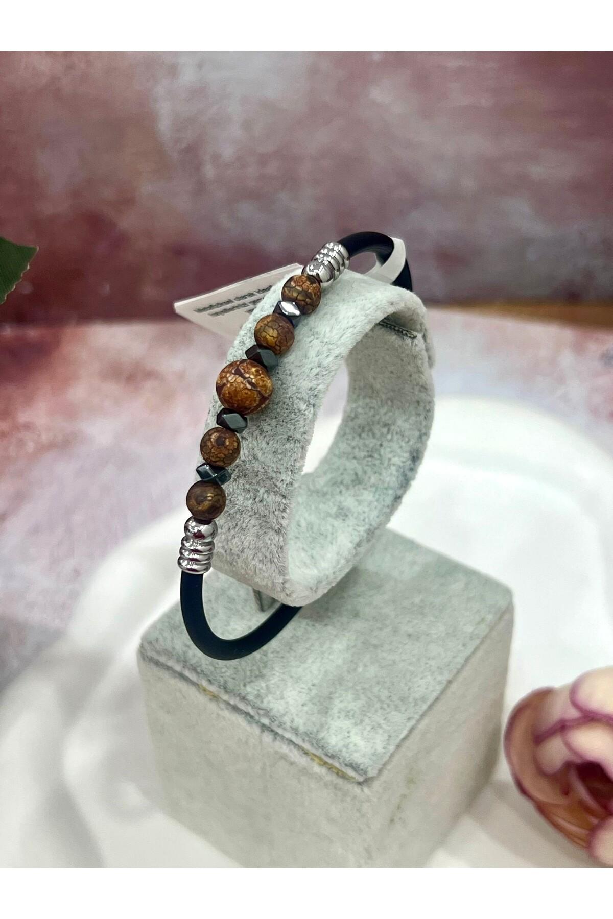Kahverengi Çatlak Desenli Doğal Taşlı Erkek Bileklik - Siyah Kauçuklu Özel Tasarım Takı