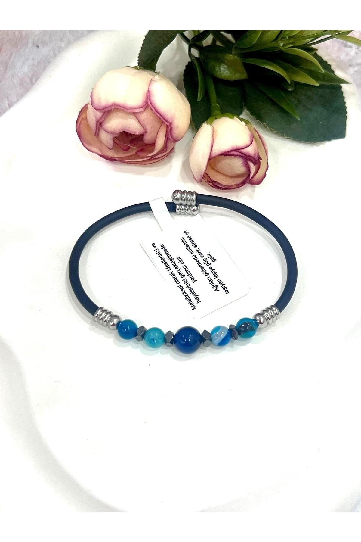 Şifalı Doğal Taşlı Erkek Bileklik - Mavi Akik ve Hematit Taşlı Kauçuk Tasarım Takı - Görsel 4