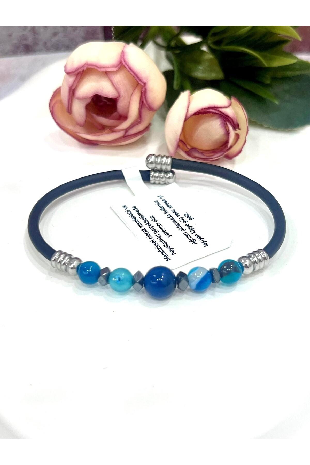 Şifalı Doğal Taşlı Erkek Bileklik - Mavi Akik ve Hematit Taşlı Kauçuk Tasarım Takı - Görsel 2