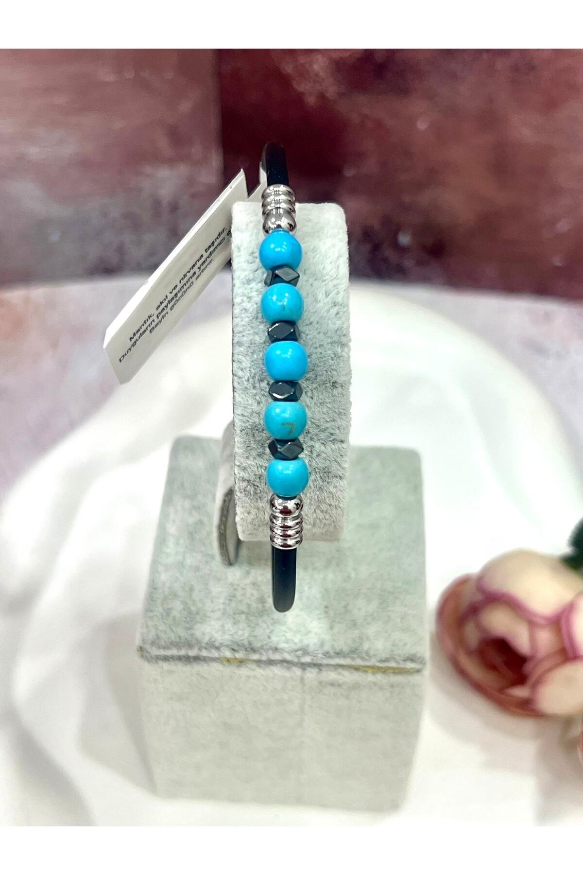 Şifalı Doğal Taşlı Erkek Bileklik - Turkuaz Taşlı Lacivert Kauçuk Erkek Bileklik - Görsel 2