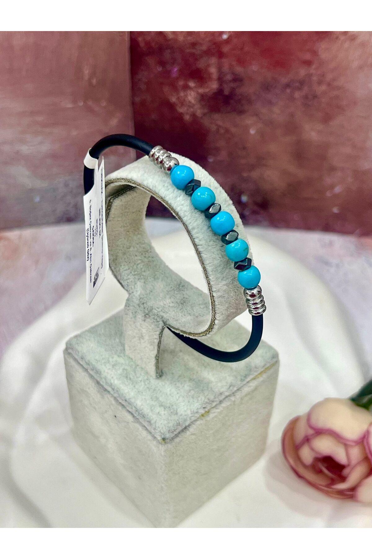 Şifalı Doğal Taşlı Erkek Bileklik - Turkuaz Taşlı Lacivert Kauçuk Erkek Bileklik - Görsel 3