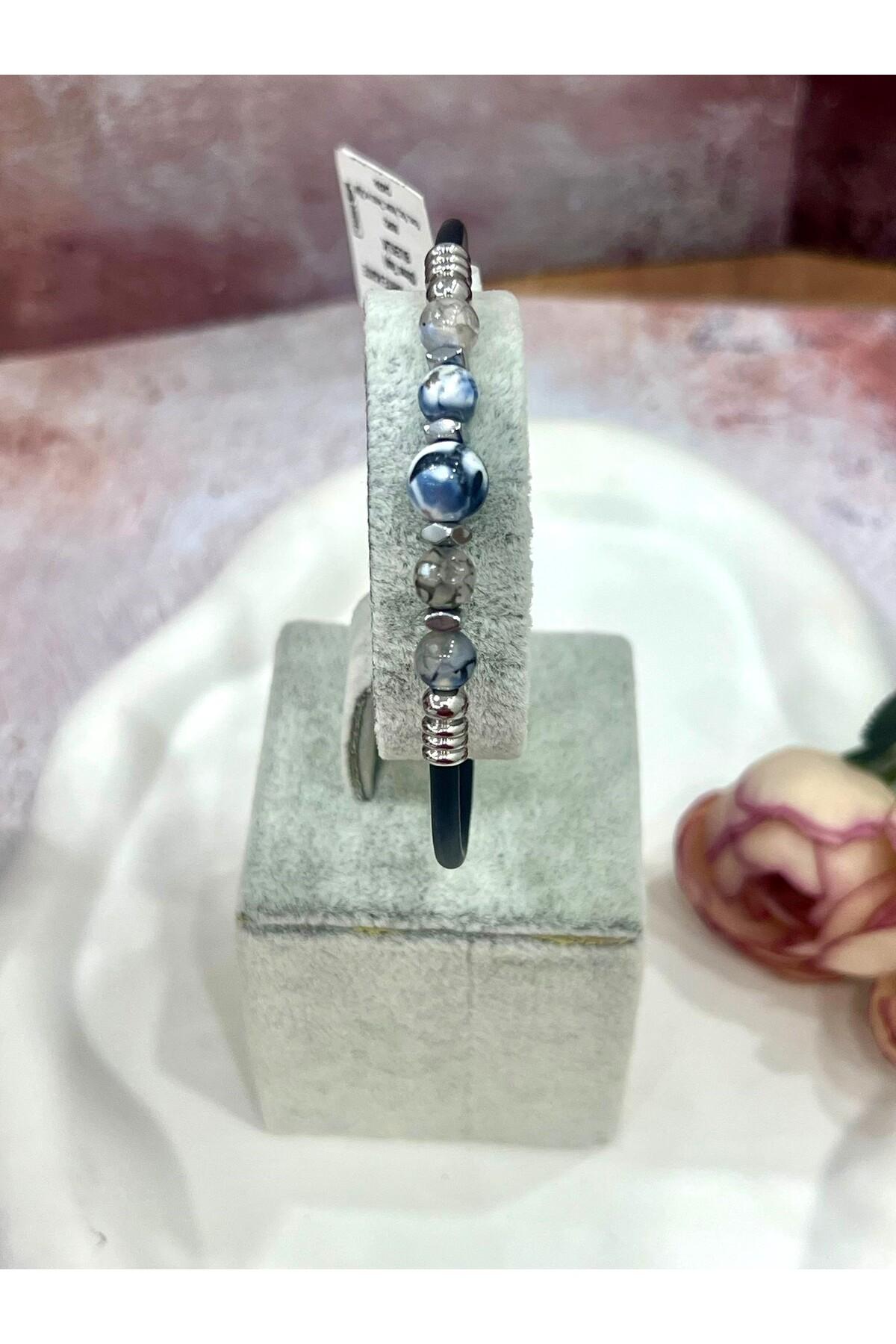 Özel Tasarım Damarlı Akik Doğal Taşlı Erkek Bileklik - Siyah Kauçuklu Modern Kelepçe Takı - Görsel 2