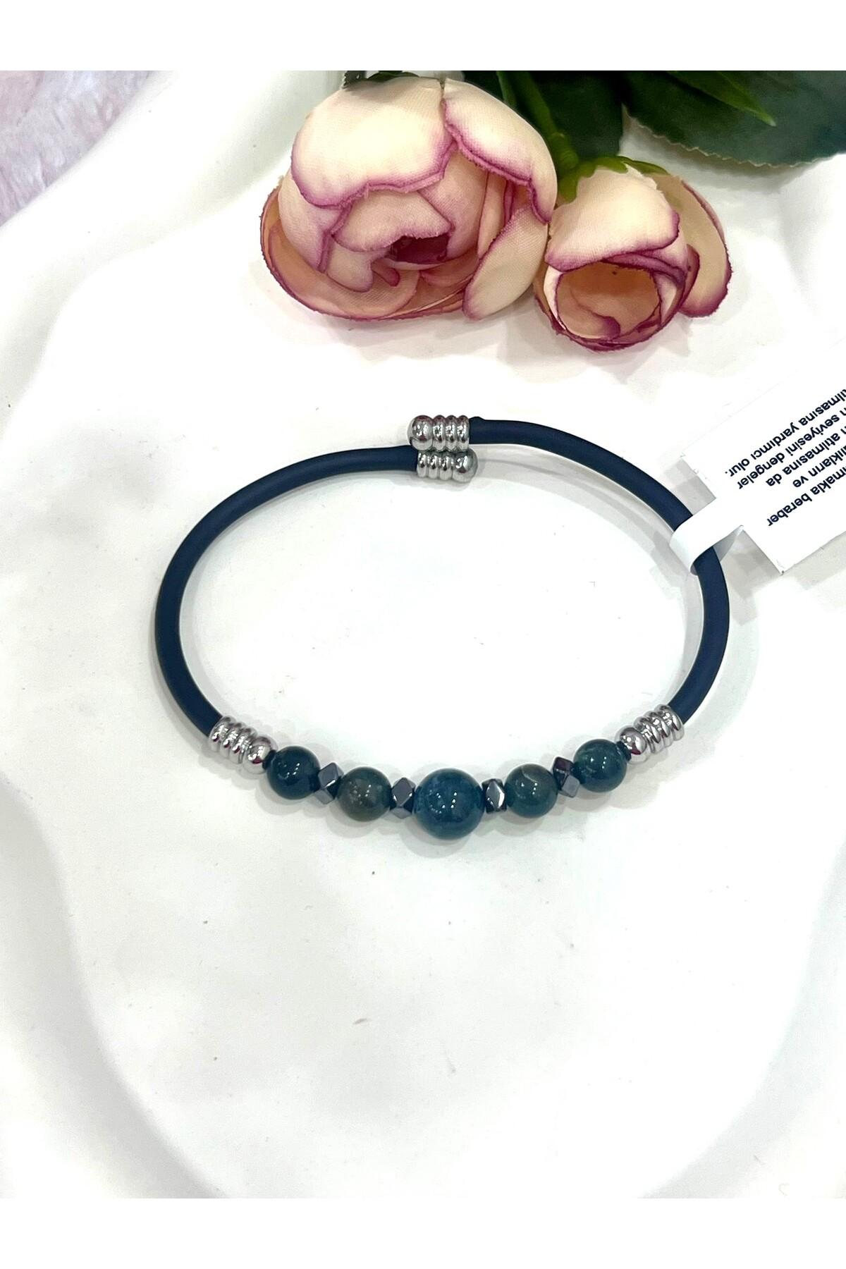 Koyu Yeşil Doğal Taşlı Erkek Bileklik Siyah Kauçuk Kordonlu Çelik Detaylı Kelepçe Bileklik - Görsel 3