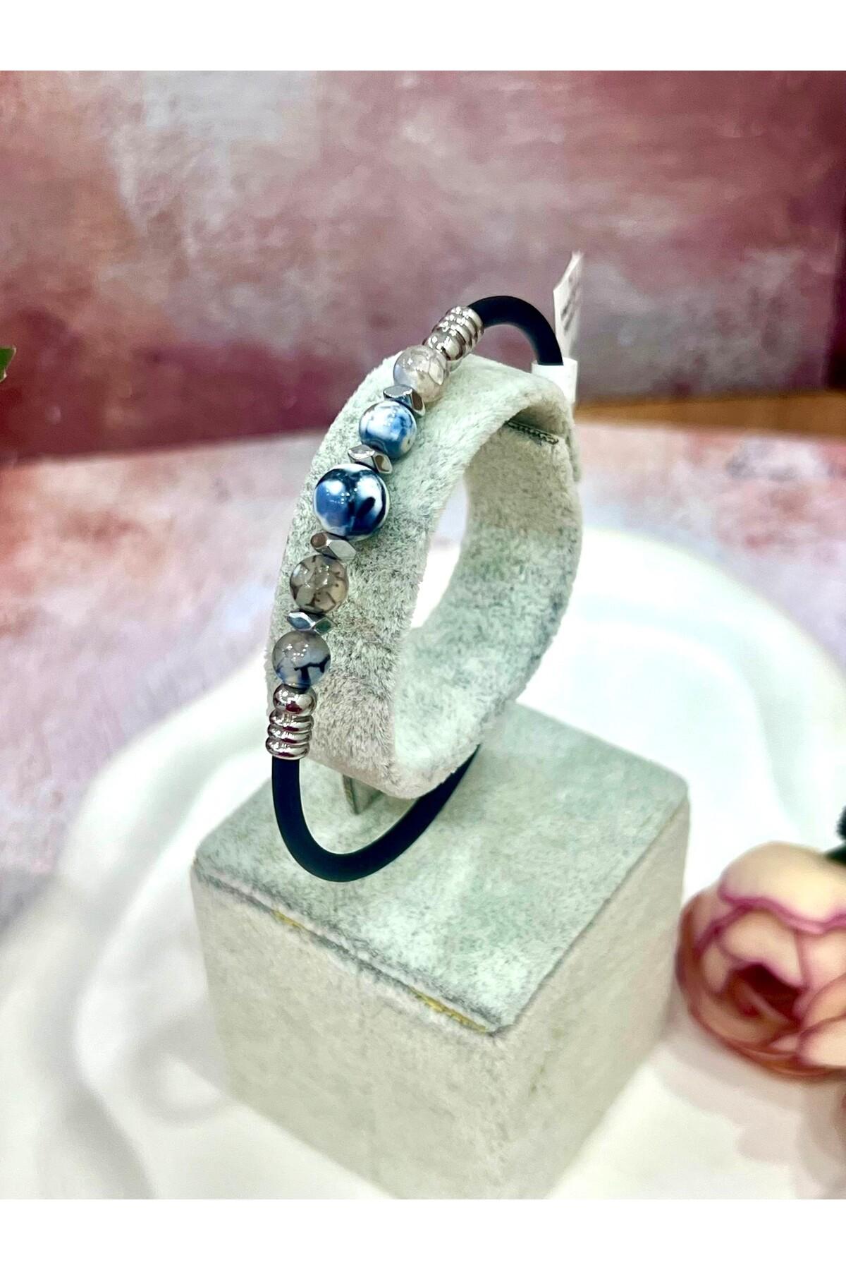 Özel Tasarım Damarlı Akik Doğal Taşlı Erkek Bileklik - Siyah Kauçuklu Modern Kelepçe Takı