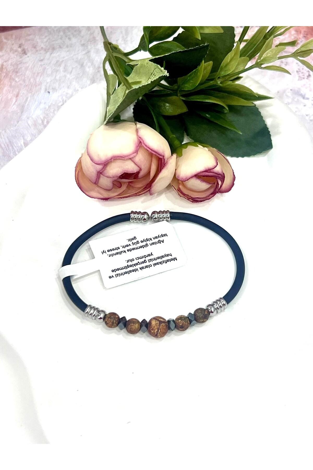 Kahverengi Çatlak Desenli Doğal Taşlı Erkek Bileklik - Siyah Kauçuklu Özel Tasarım Takı - Görsel 2