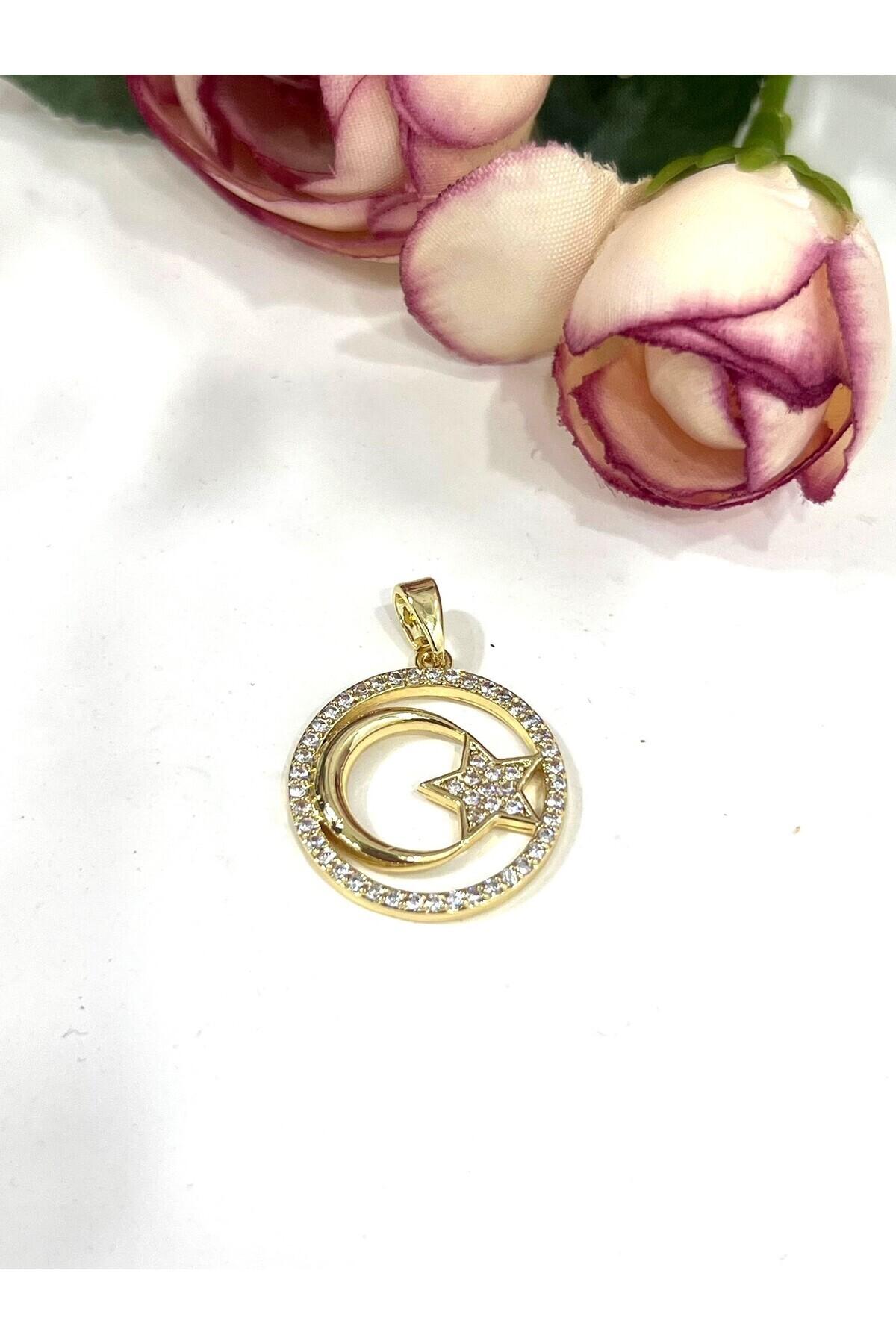 Işıltılı Zirkon Taşlı Ay Yıldız Kolye Ucu - Özel Tasarım (14k Gold / 1.9x1.9cm)