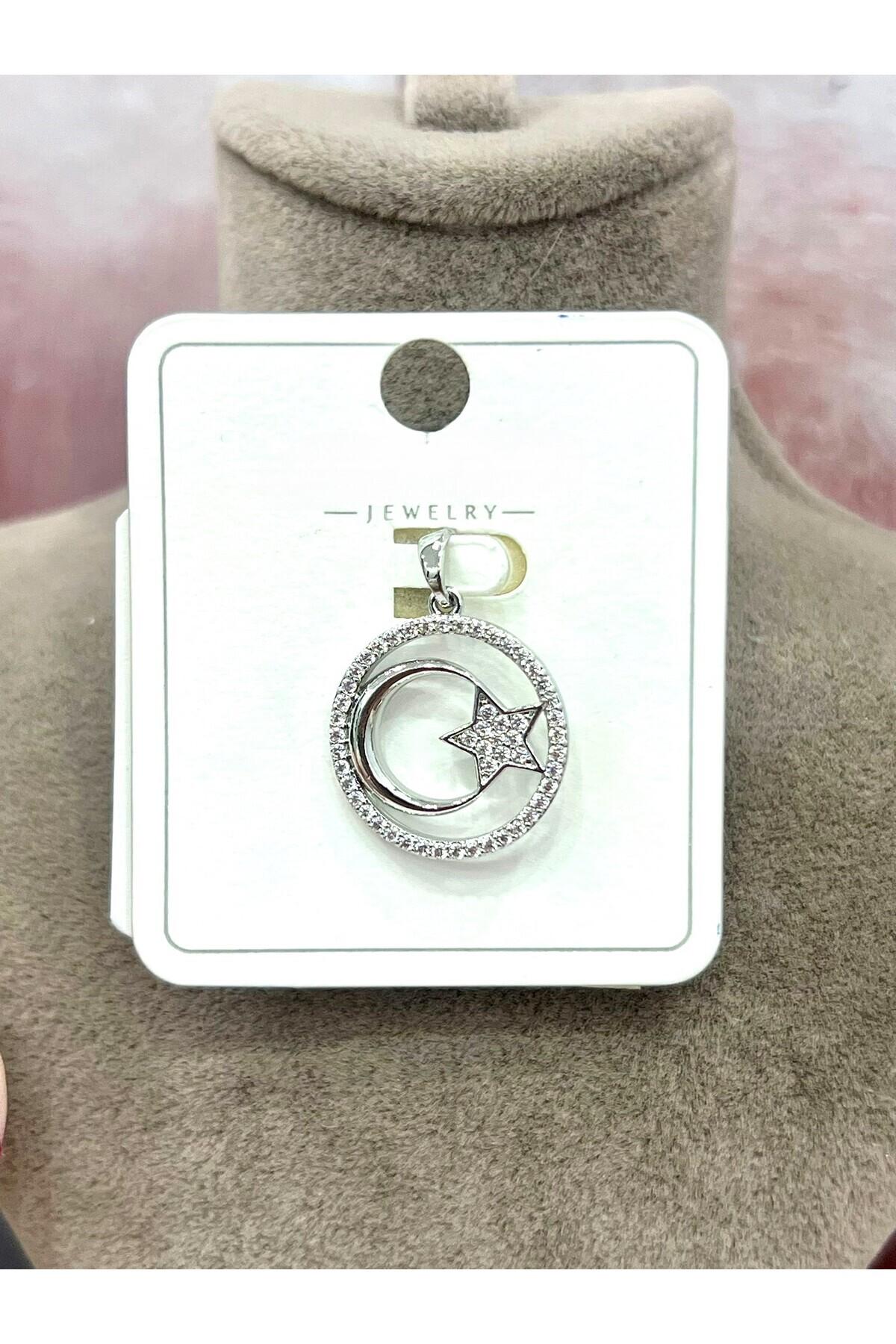 Işıltılı Zirkon Taşlı Ay Yıldız Kolye Ucu (Silver / 1.9x1.9cm) - Görsel 2