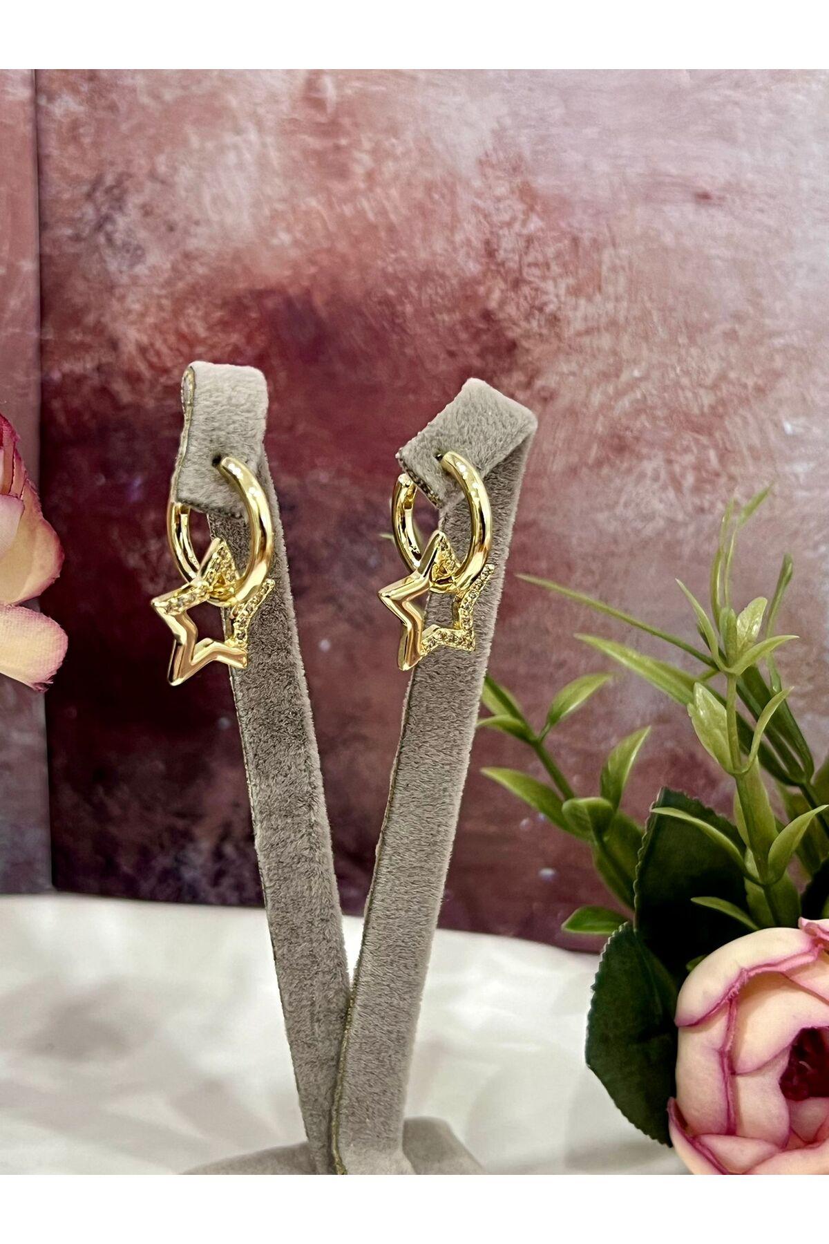 Taşlı Yıldız Küpe Kadın Şık Günlük ve Özel Gün Takısı (14k Gold) - Görsel 3