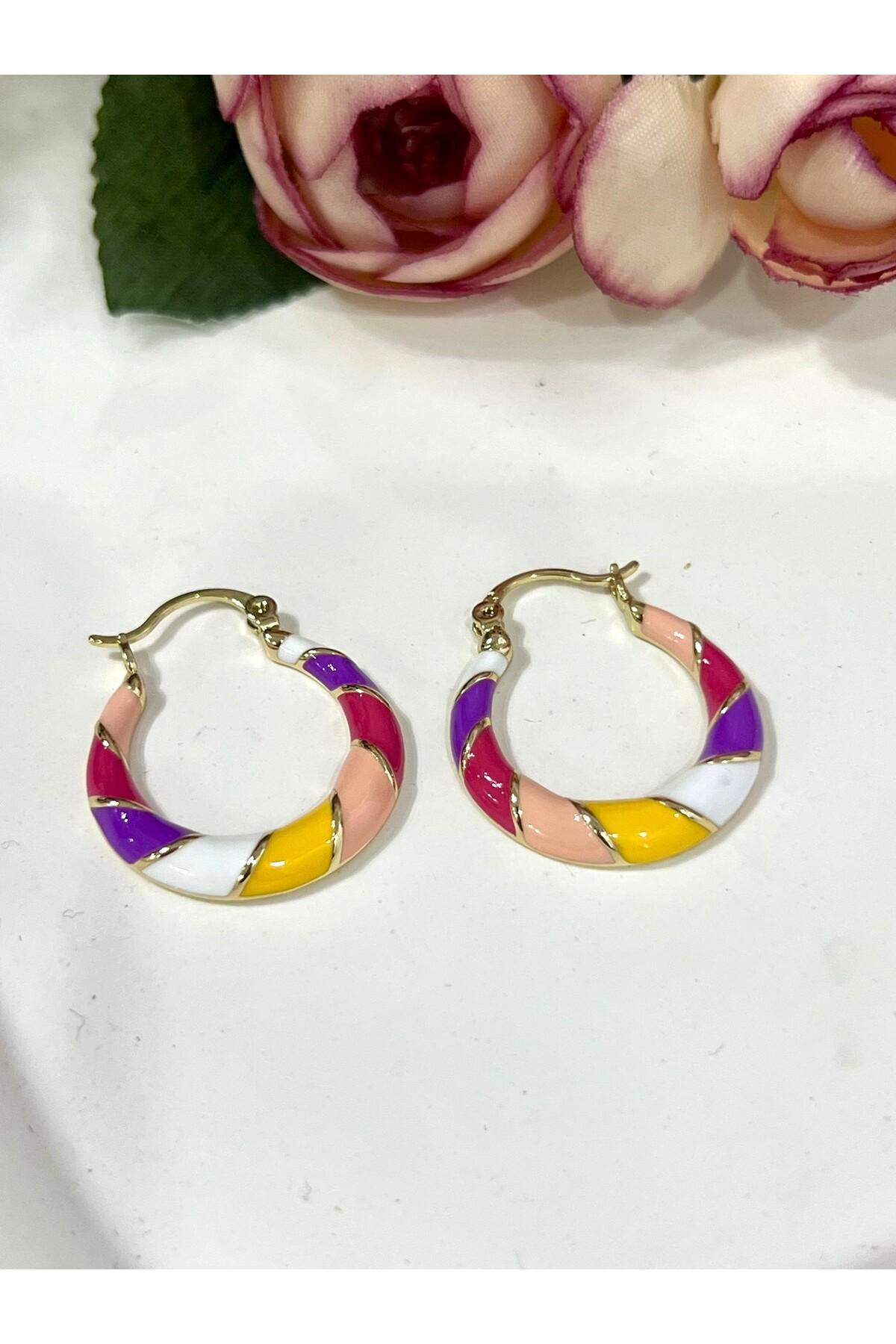 Kadın Renkli Halka Küpe Gold Kaplama Mine Detaylı (14k Gold) - Görsel 5