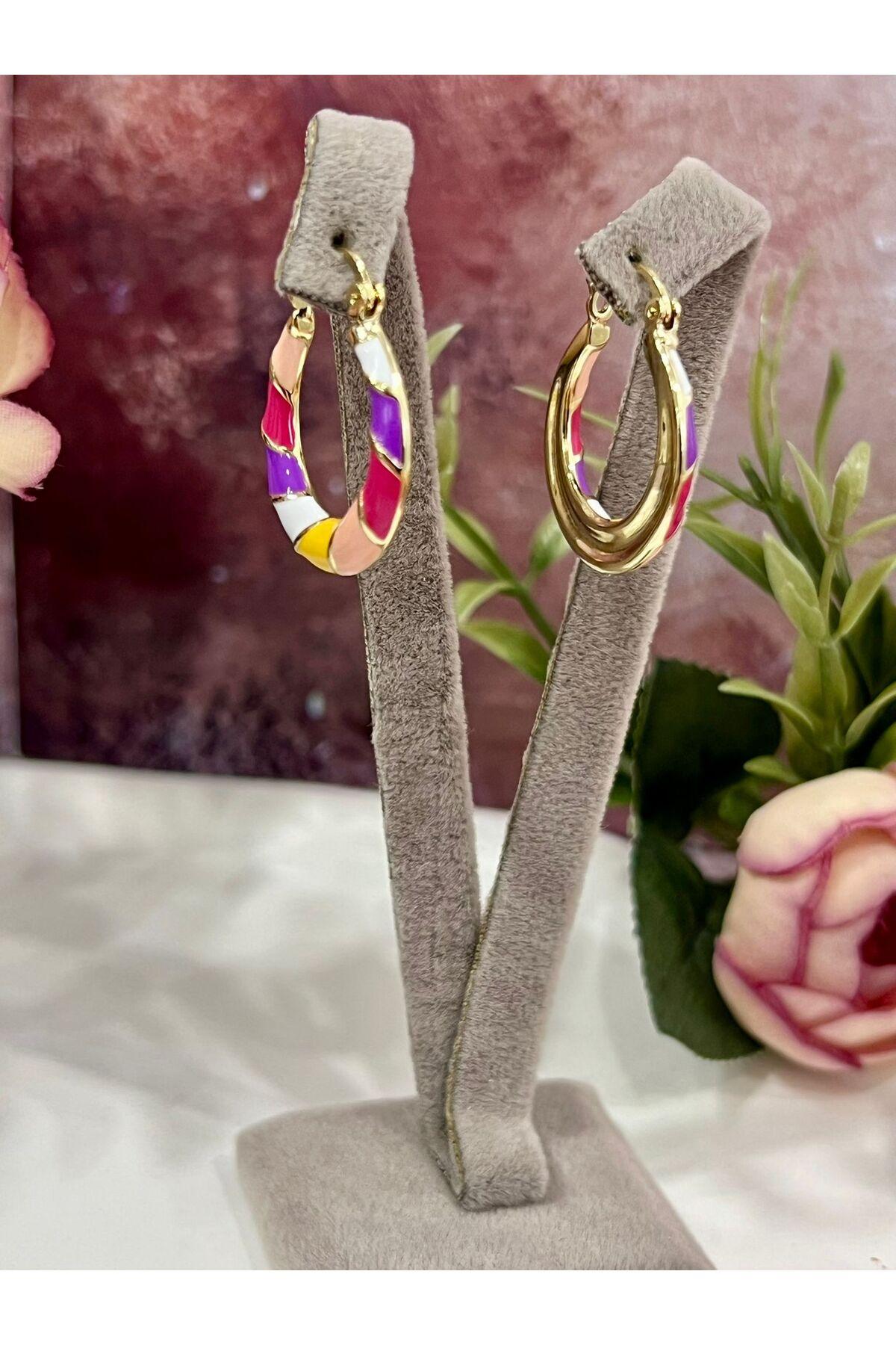 Kadın Renkli Halka Küpe Gold Kaplama Mine Detaylı (14k Gold) - Görsel 4