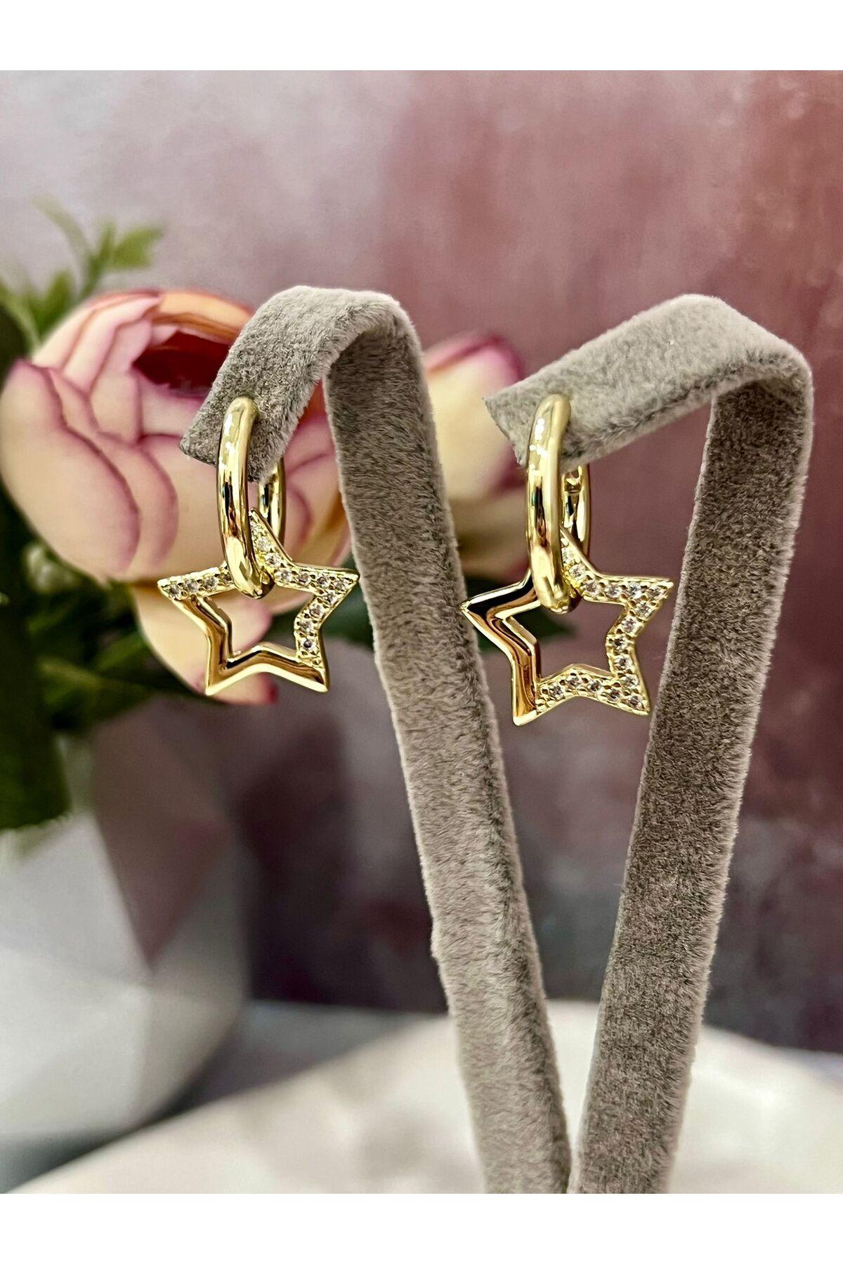 Taşlı Yıldız Küpe Kadın Şık Günlük ve Özel Gün Takısı (14k Gold)