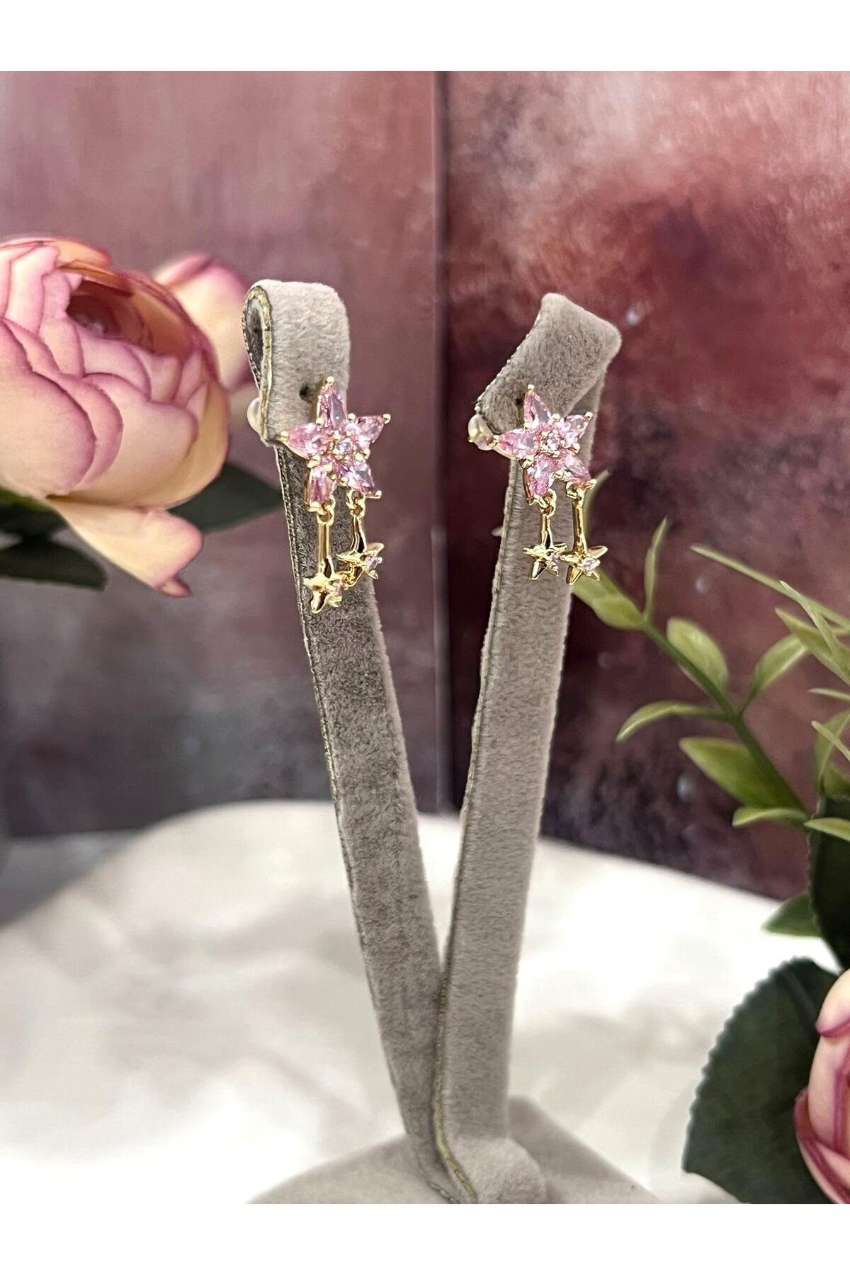 Kutup Yıldızı Serisi: Pembe Taşlı Sallantılı Gold Küpe(14k Gold 2/1,2cm) - Görsel 5