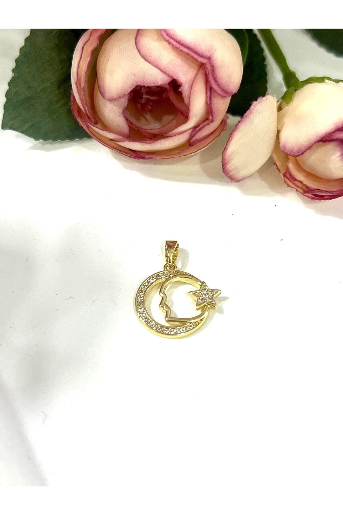 Atatürk Portreli Işıltılı Ay Yıldız Kolye Ucu - Vip Seri (14k Gold / 1.7x1.5cm) - Görsel 2