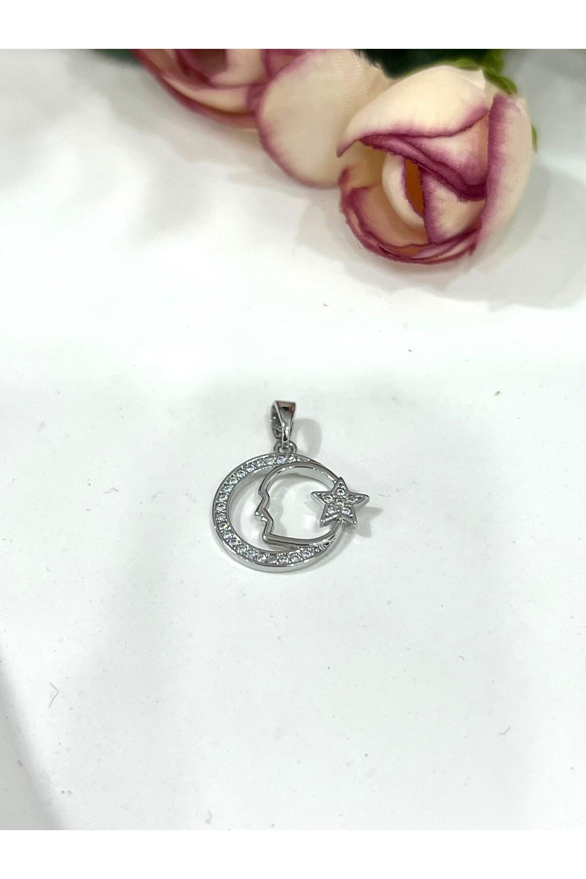 Atatürk Portreli Işıltılı Ay Yıldız Kolye Ucu - Vip Seri (Silver / 1.7x1.5cm ) - Görsel 2