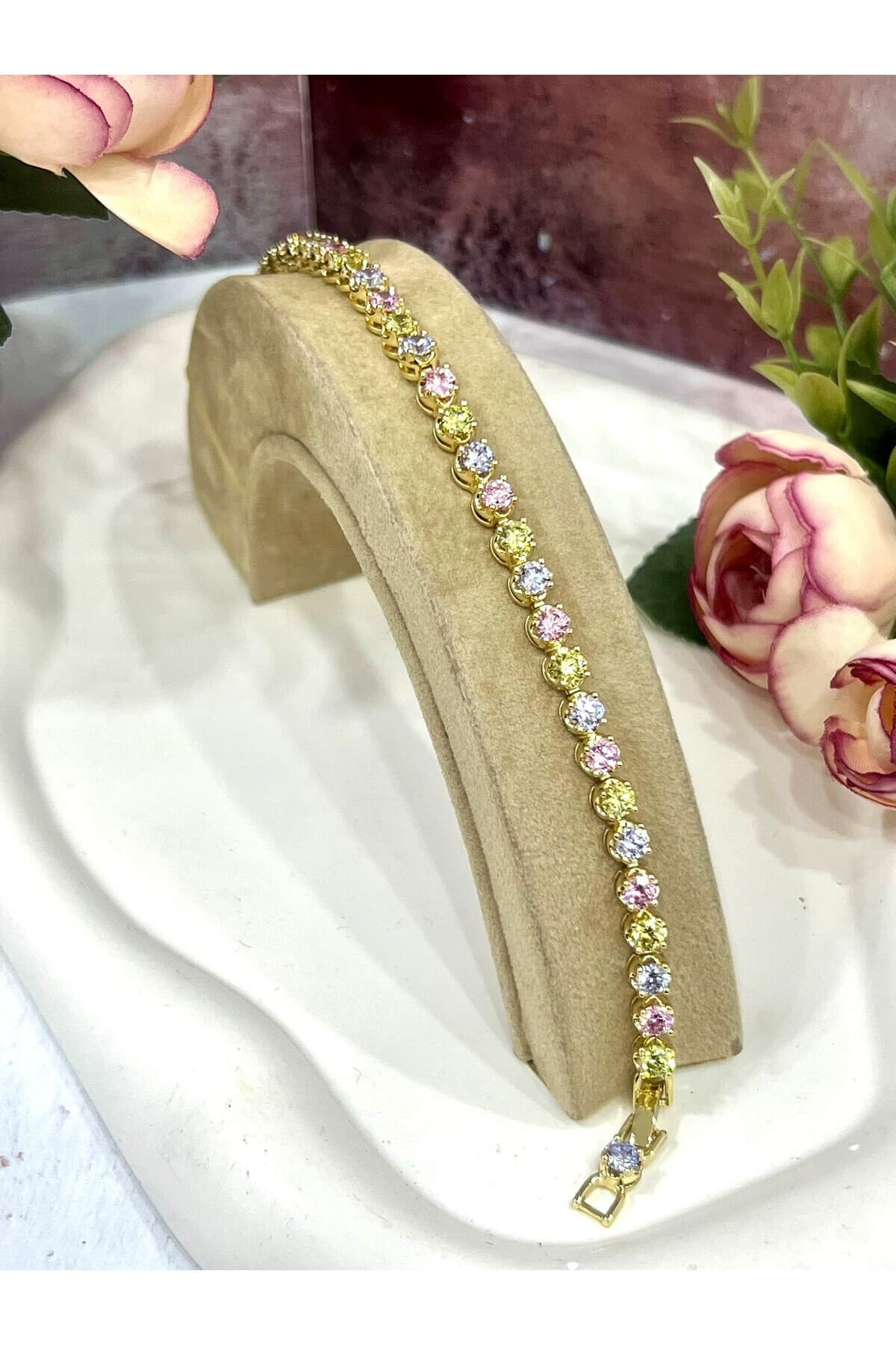 Gökkuşağı Esintisi Renkli Taşlı Su Yolu Bileklik (Gold14k/17-19m) - Görsel 3