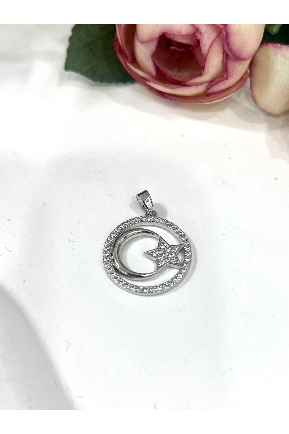 Işıltılı Zirkon Taşlı Ay Yıldız Kolye Ucu (Silver / 1.9x1.9cm)