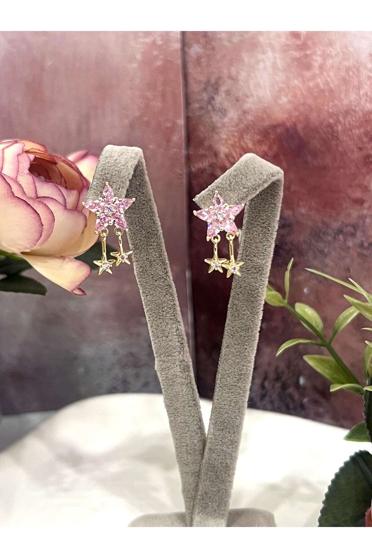 Kutup Yıldızı Serisi: Pembe Taşlı Sallantılı Gold Küpe(14k Gold 2/1,2cm) - Görsel 2