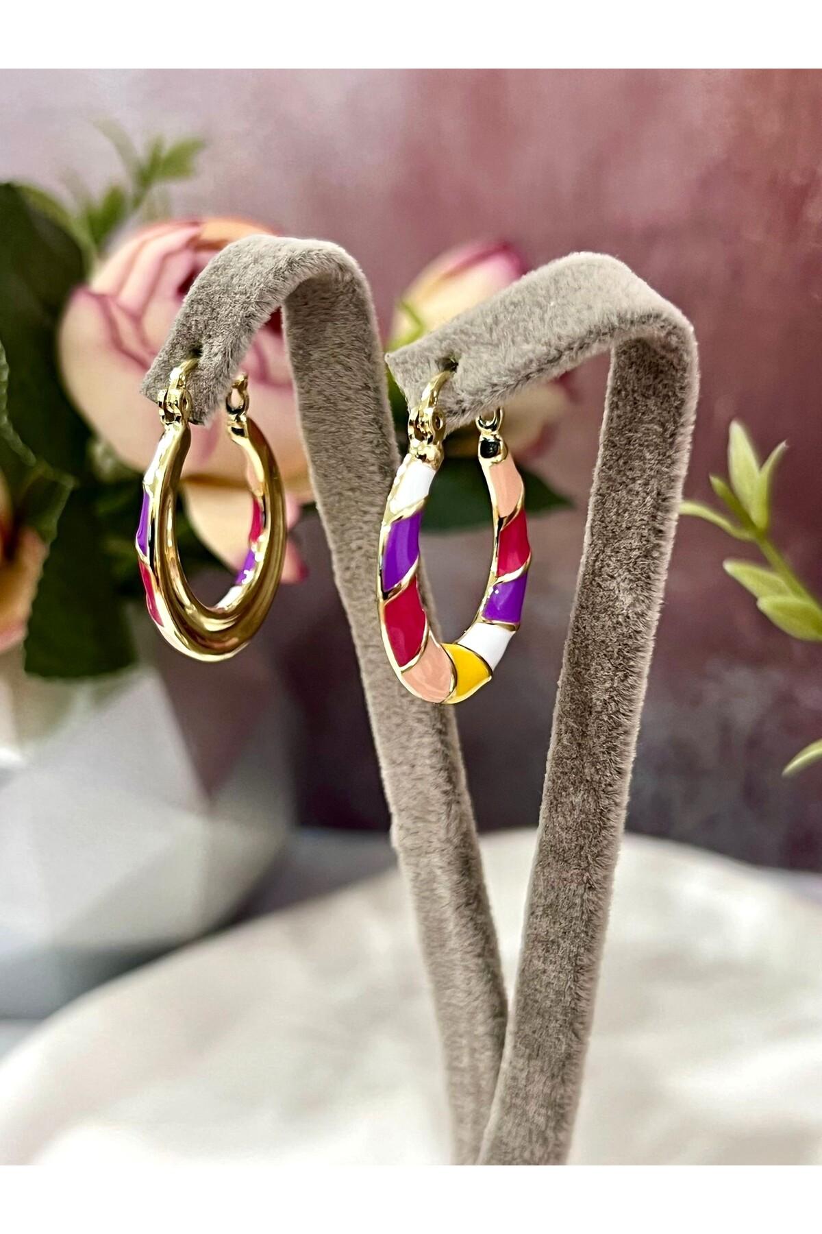 Kadın Renkli Halka Küpe Gold Kaplama Mine Detaylı (14k Gold) - Görsel 3