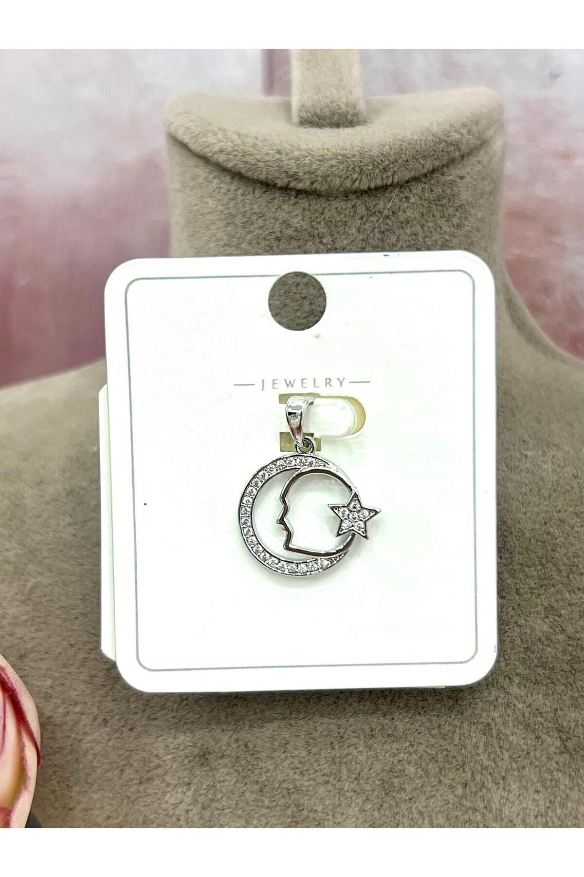 Atatürk Portreli Işıltılı Ay Yıldız Kolye Ucu - Vip Seri (Silver / 1.7x1.5cm )