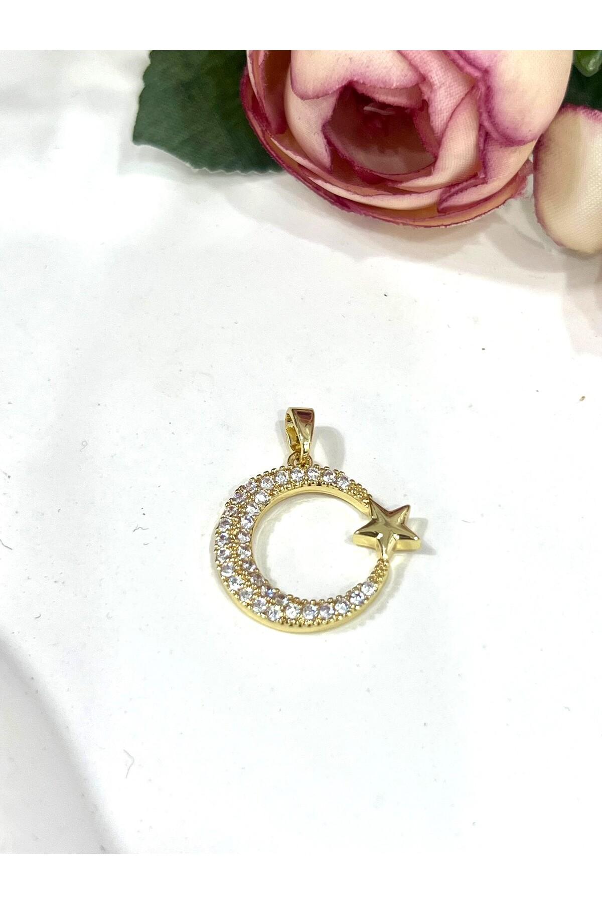 Zirkon Taşlı Ay Yıldız Kolye Ucu - Bayrak Temalı Şık Takı (14k Gold2x1,8cm) - Görsel 2