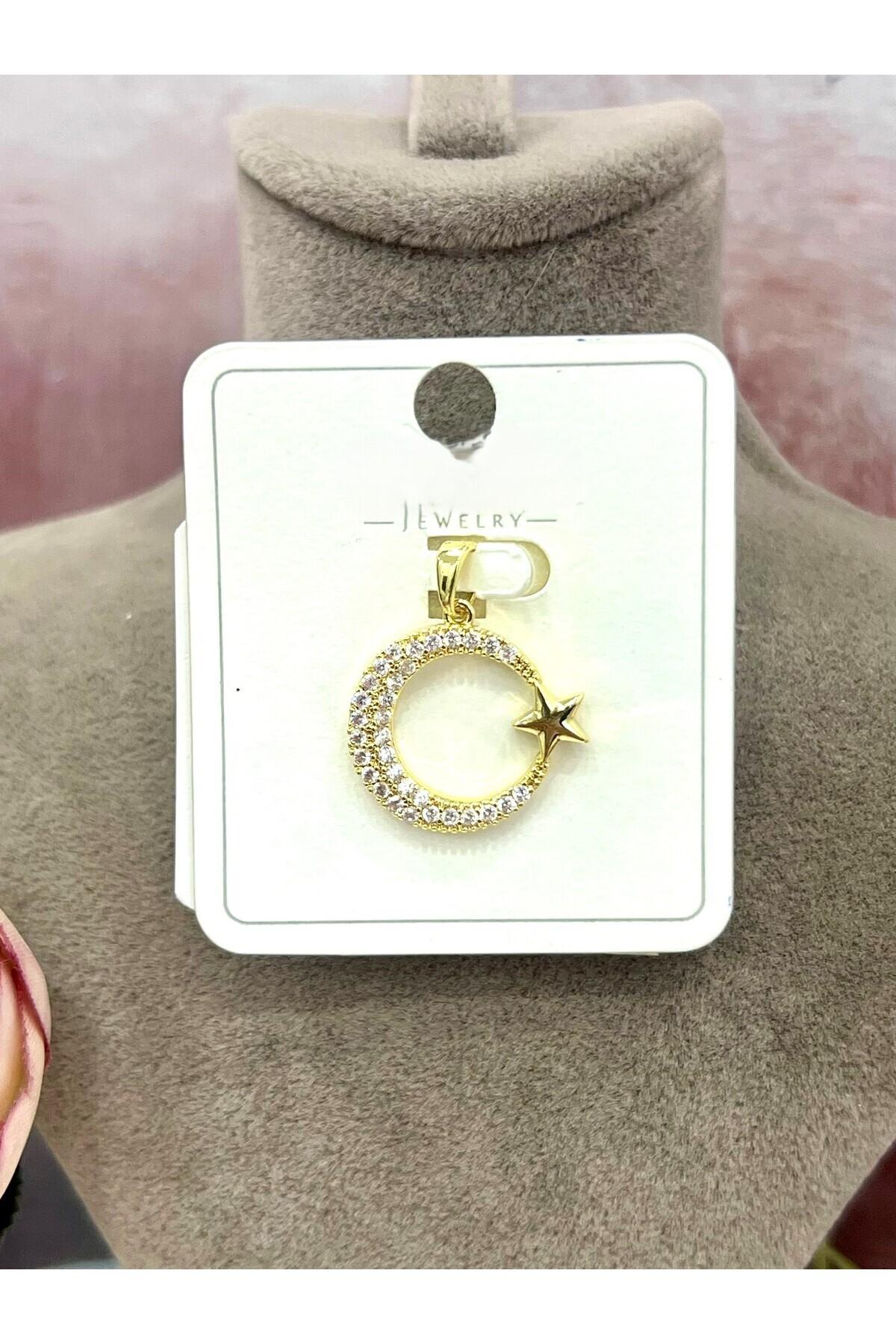 Zirkon Taşlı Ay Yıldız Kolye Ucu - Bayrak Temalı Şık Takı (14k Gold2x1,8cm)