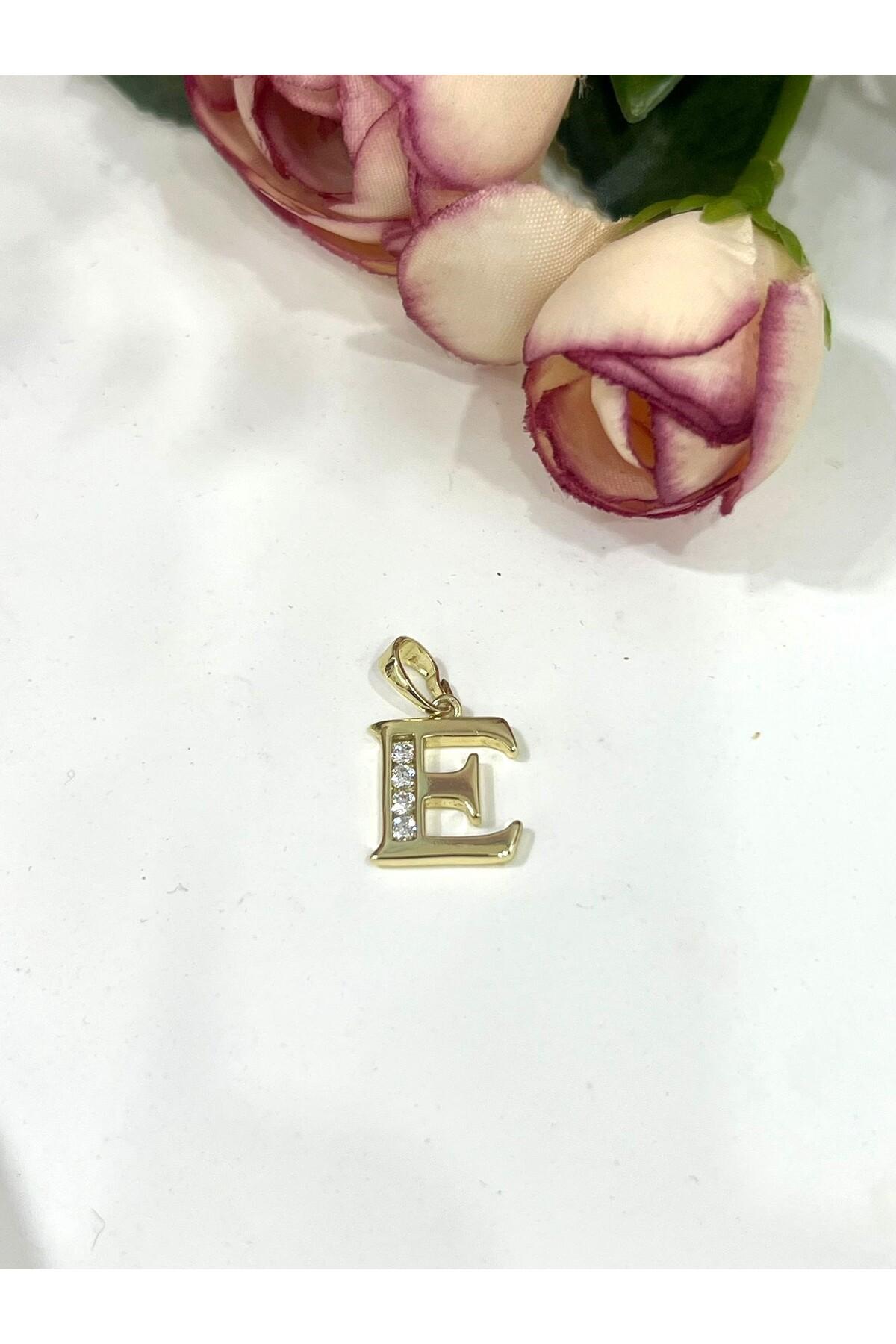 Zirkon Taşlı Harf E Kolye Ucu (14k Gold 1x1cm) - Görsel 2