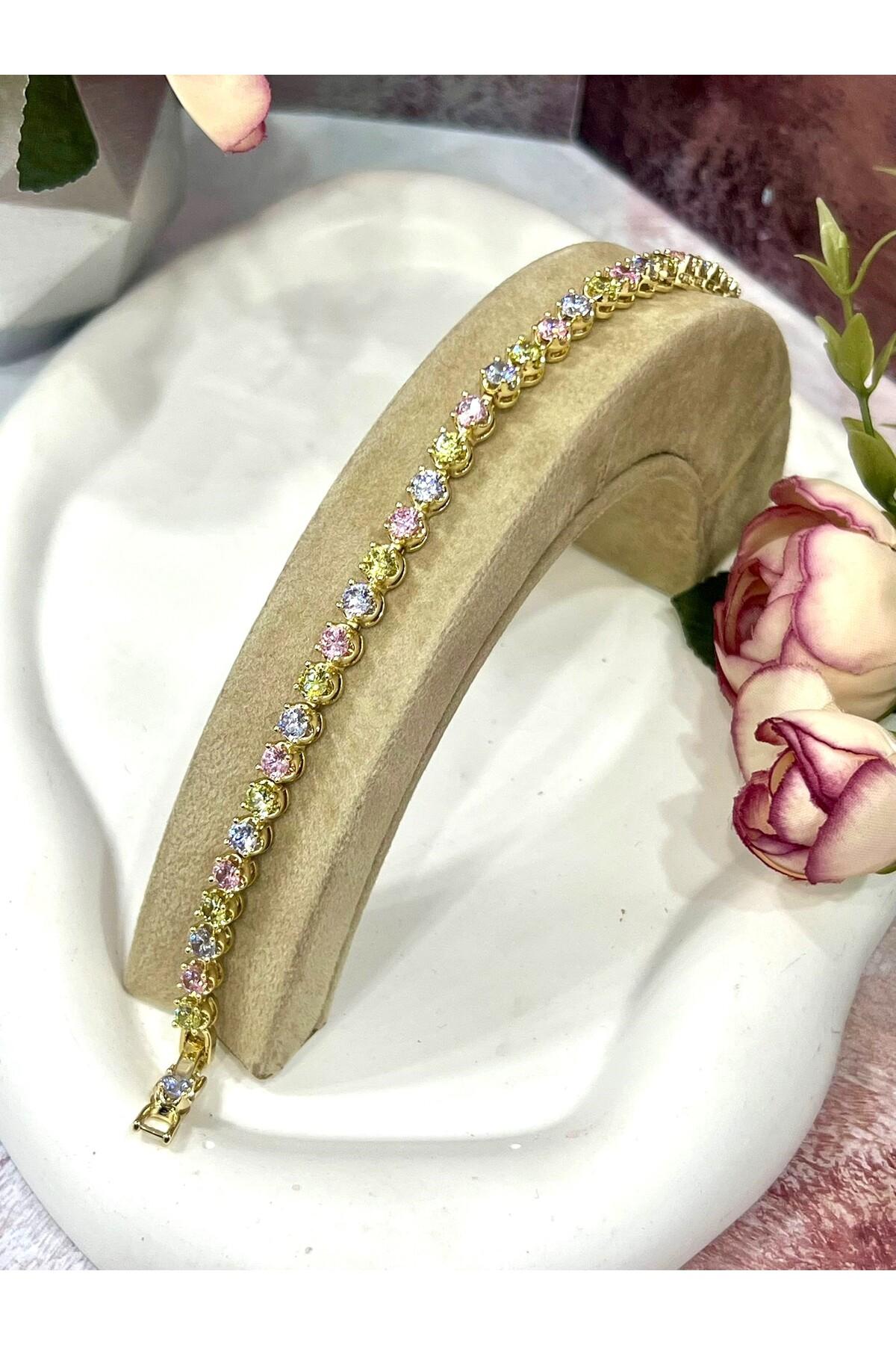 Gökkuşağı Esintisi Renkli Taşlı Su Yolu Bileklik (Gold14k/17-19m)